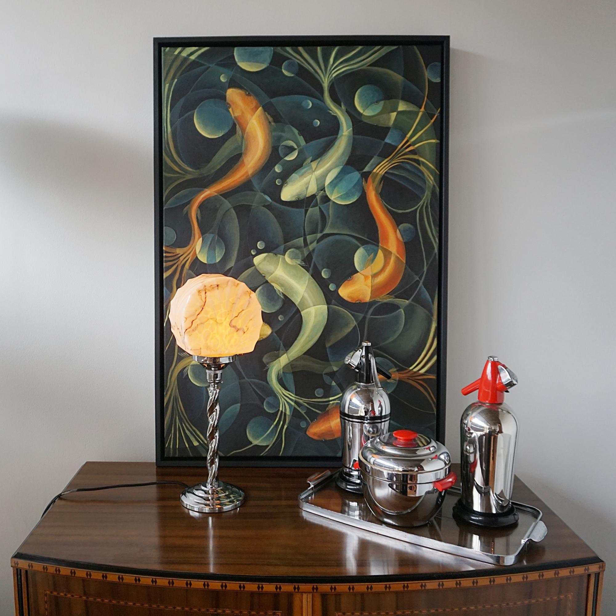 An Art Deco Twisted Chromed Metal and Marbled Glass Table Lamp For Sale 4