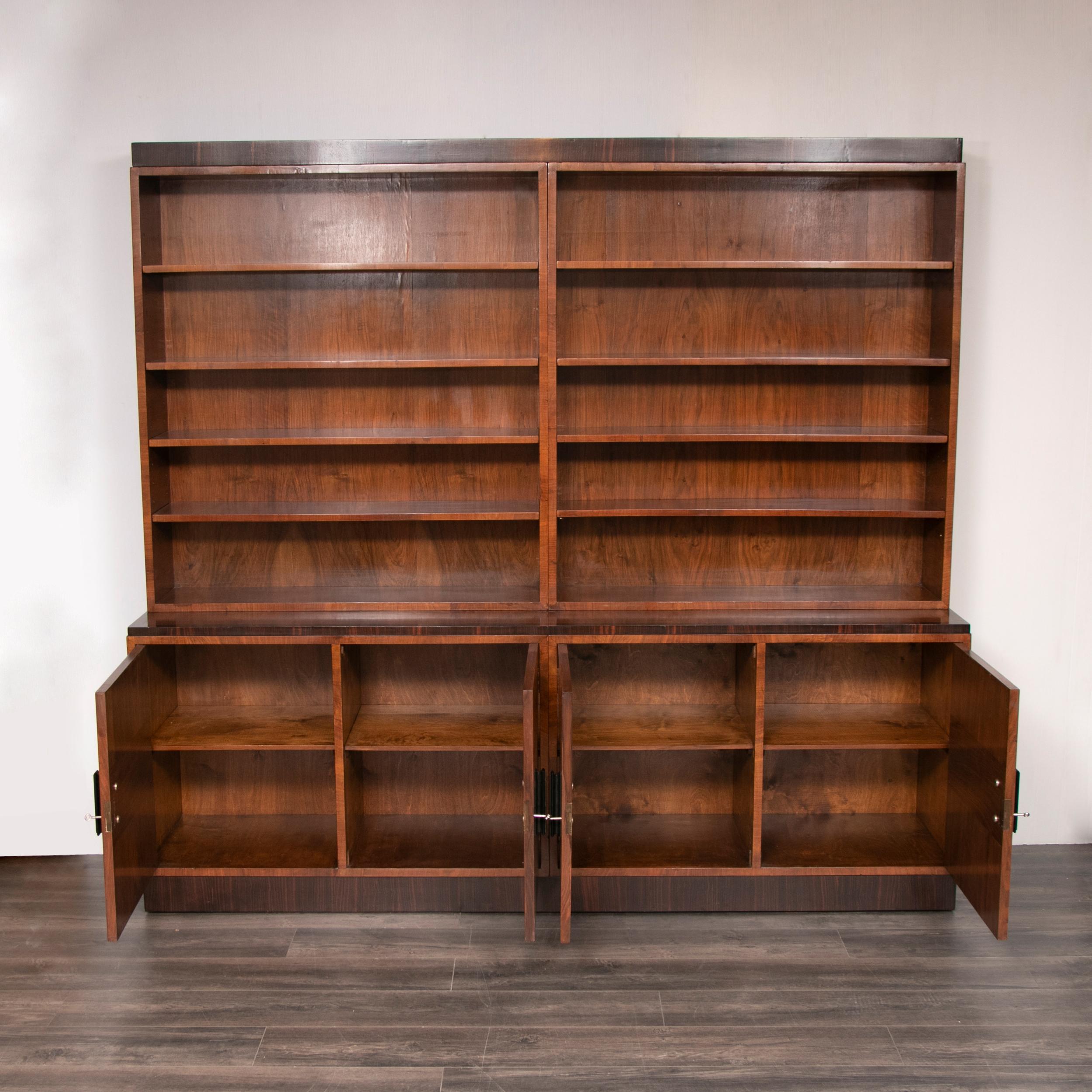 European Art Deco Walnut and Macassar Bookcase with Cupboard Base and Open Shelf Top For Sale