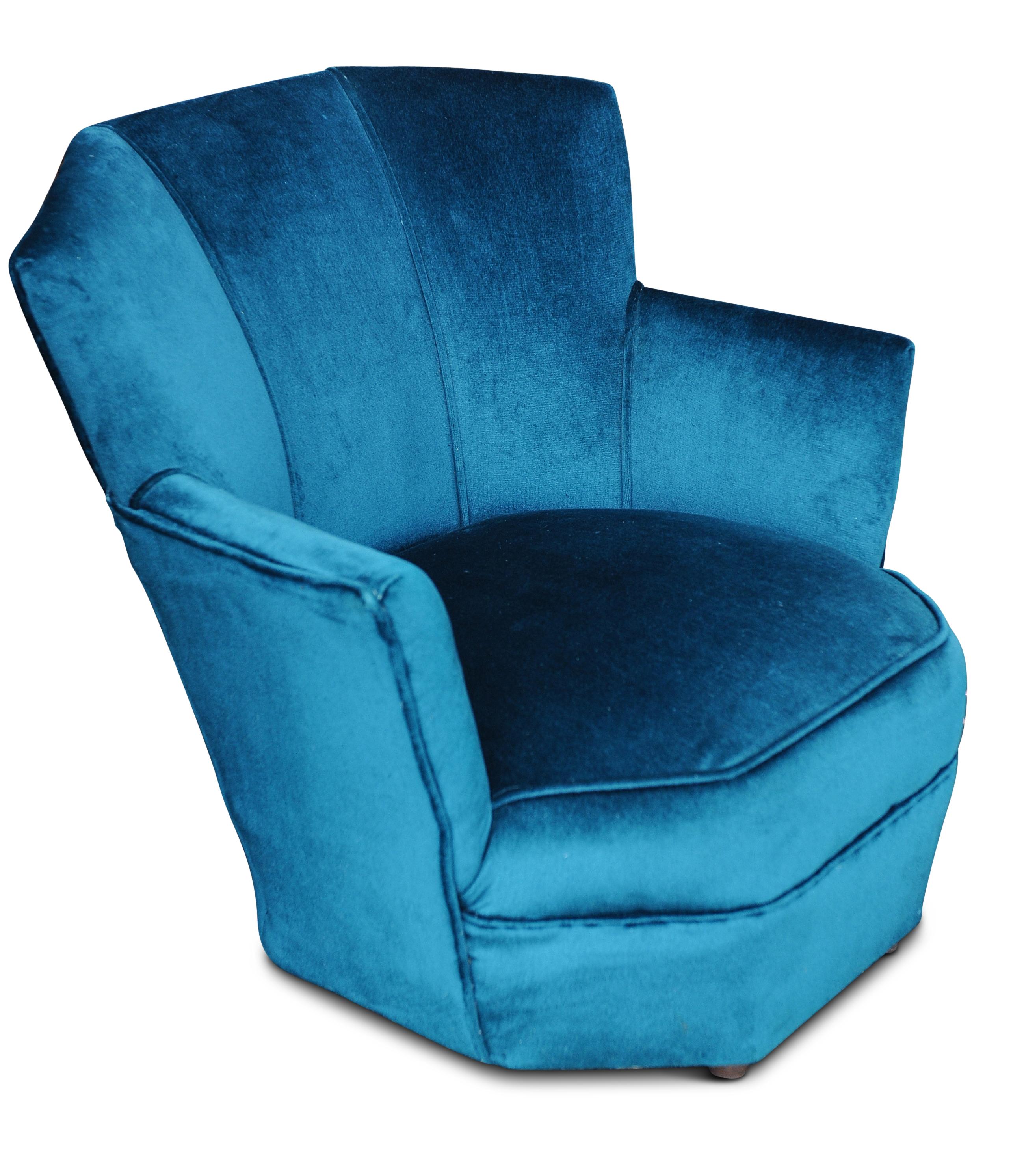 An Original Art Deco rich turquoise blue velvet fan back cocktail chair with metal feet 1930s

No branding or labels. 

Additional dimensions 

Height to arms 49.5cm
Height to seat 33.5cm
Seat depth 56cm
Seat width 54cm.