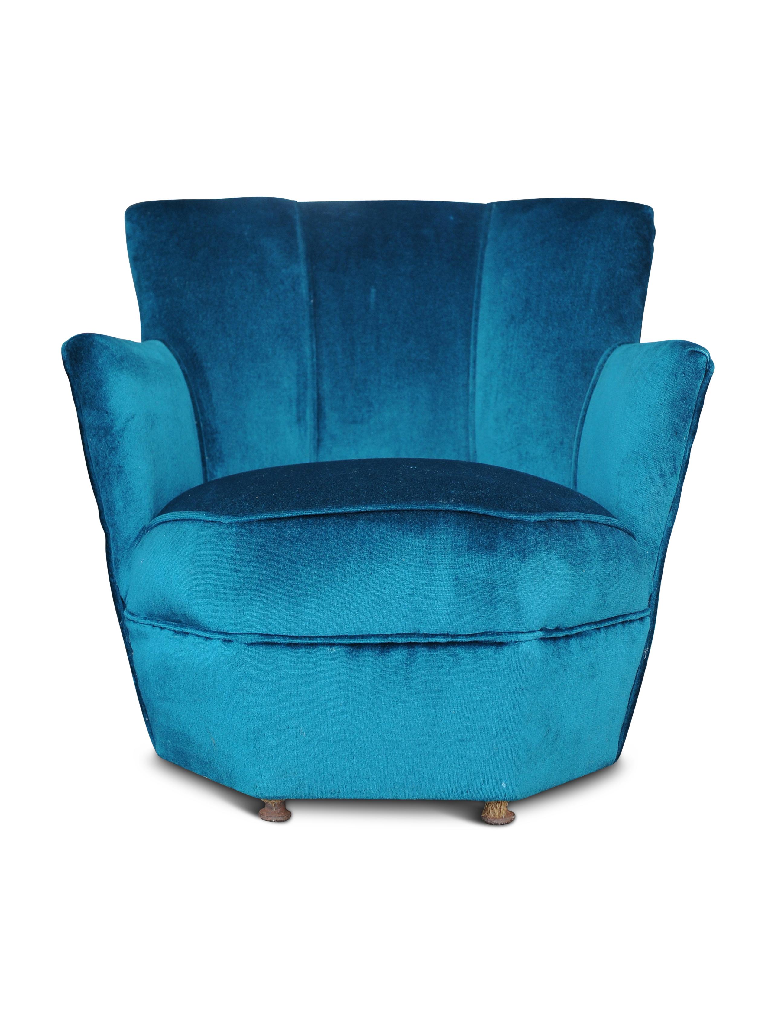 British Art Deco Wittmann Style Rich Turquoise Velvet Fan Back Cocktail Chair, 1930s For Sale