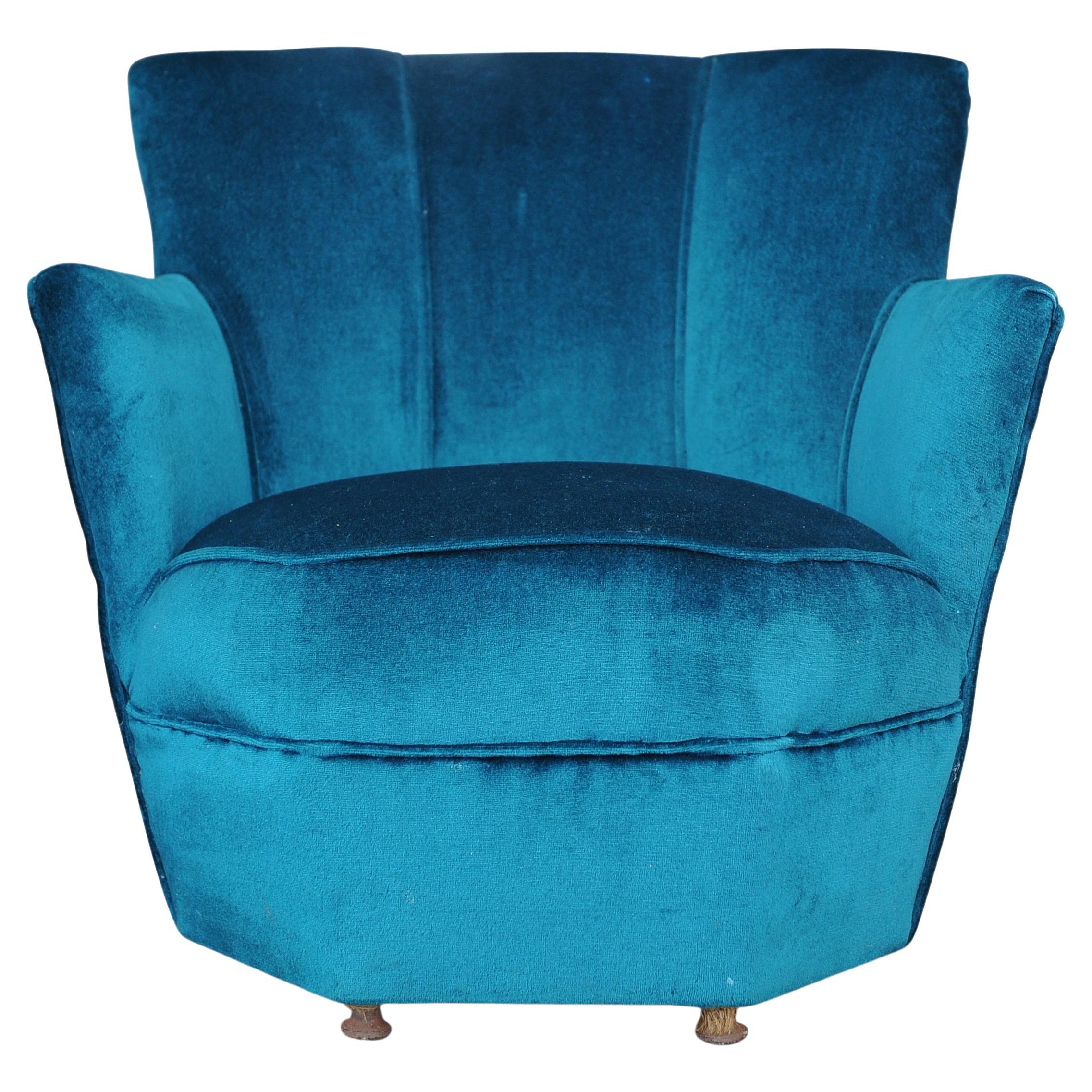 Art Deco Wittmann Style Rich Turquoise Velvet Fan Back Cocktail Chair, 1930s For Sale