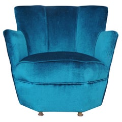 Antique Art Deco Wittmann Style Rich Turquoise Velvet Fan Back Cocktail Chair, 1930s