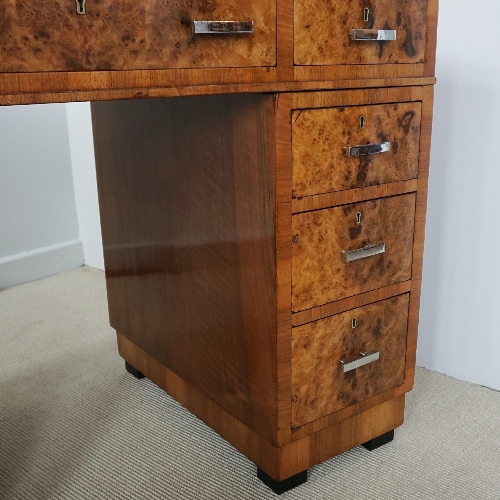 Leather An Art Deco Writing Desk Attributed to Heal's Burr and Figured Walnut