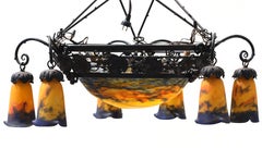 Art Deco Wrought Iron and Müller Freres Moulded Glass Chandelier