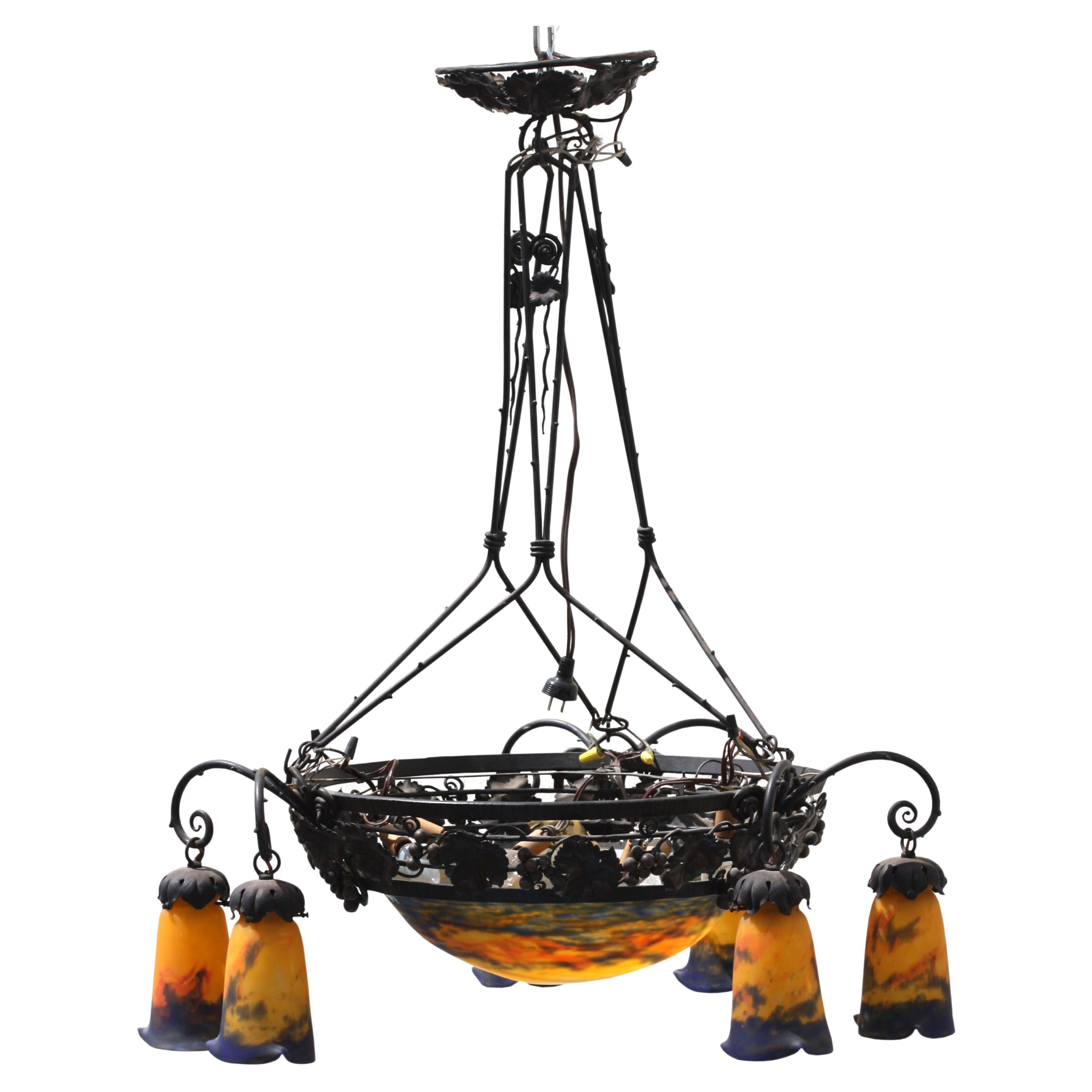 Art Deco Wrought Iron and Müller Freres Moulded Glass Chandelier For Sale