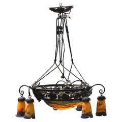 Art Deco Wrought Iron and Müller Freres Moulded Glass Chandelier