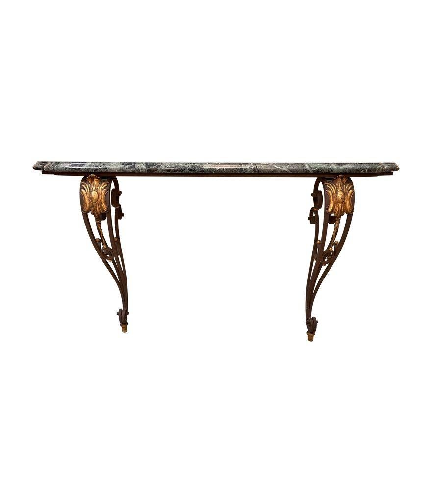 Art Deco Wrought Iron Glided Console Table with Solid Green Marble Top 13