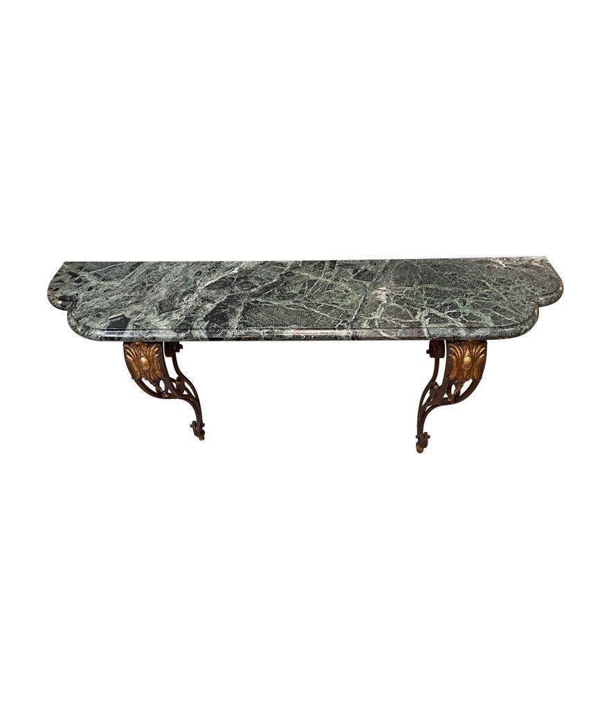 Art Deco Wrought Iron Glided Console Table with Solid Green Marble Top 14