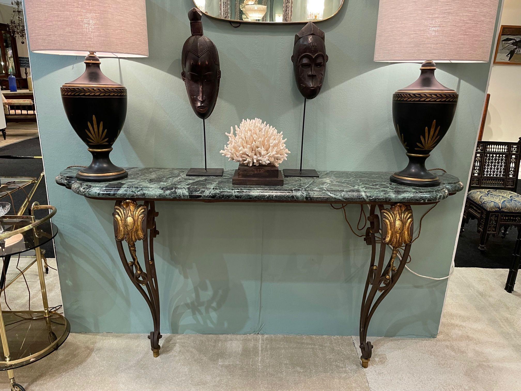 Art Deco Wrought Iron Glided Console Table with Solid Green Marble Top 15