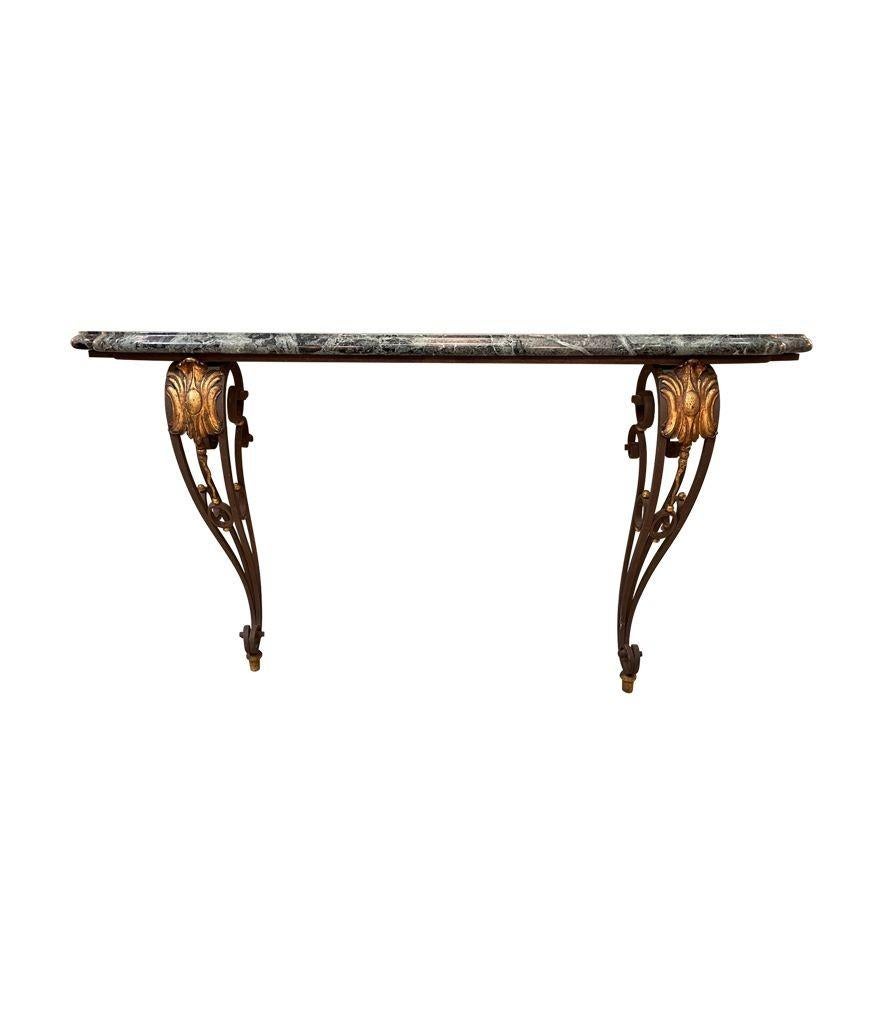 French Art Deco Wrought Iron Glided Console Table with Solid Green Marble Top