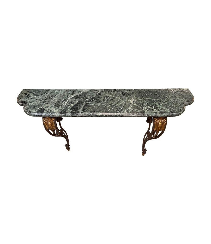 Art Deco Wrought Iron Glided Console Table with Solid Green Marble Top In Good Condition In London, GB