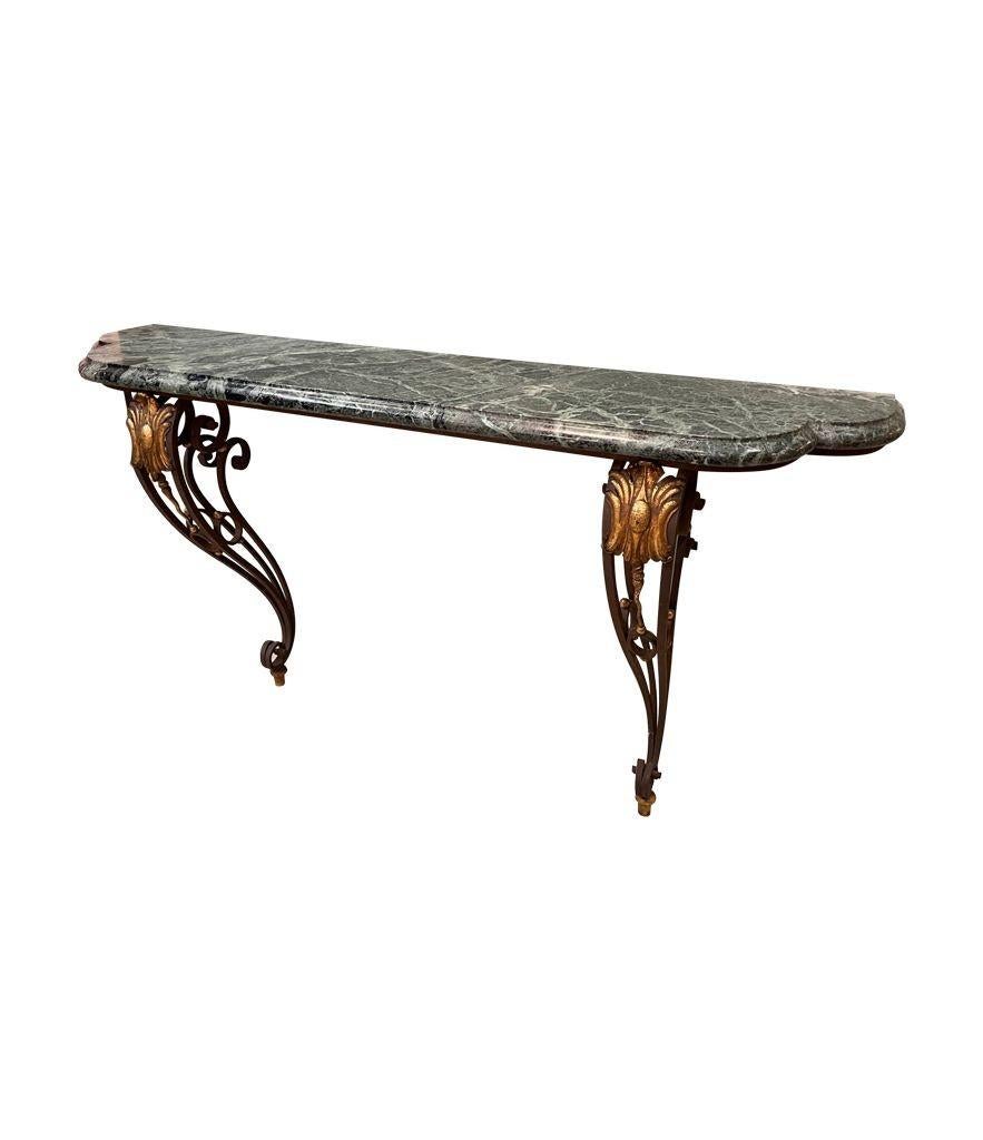 Mid-20th Century Art Deco Wrought Iron Glided Console Table with Solid Green Marble Top