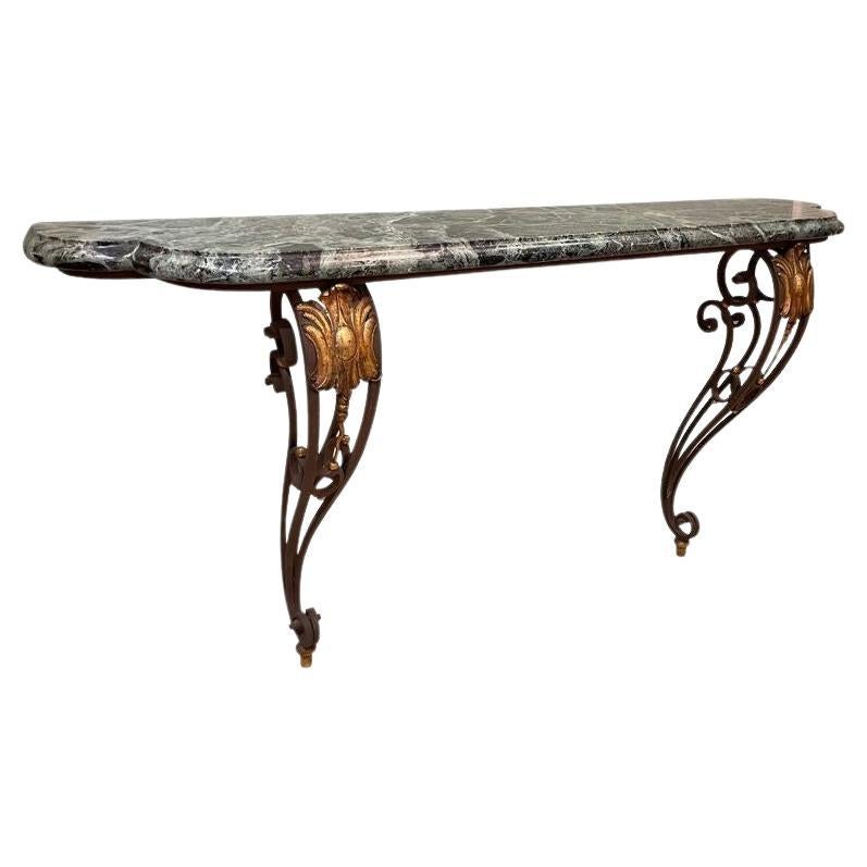 Art Deco Wrought Iron Glided Console Table with Solid Green Marble Top
