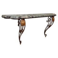 Art Deco Wrought Iron Glided Console Table with Solid Green Marble Top