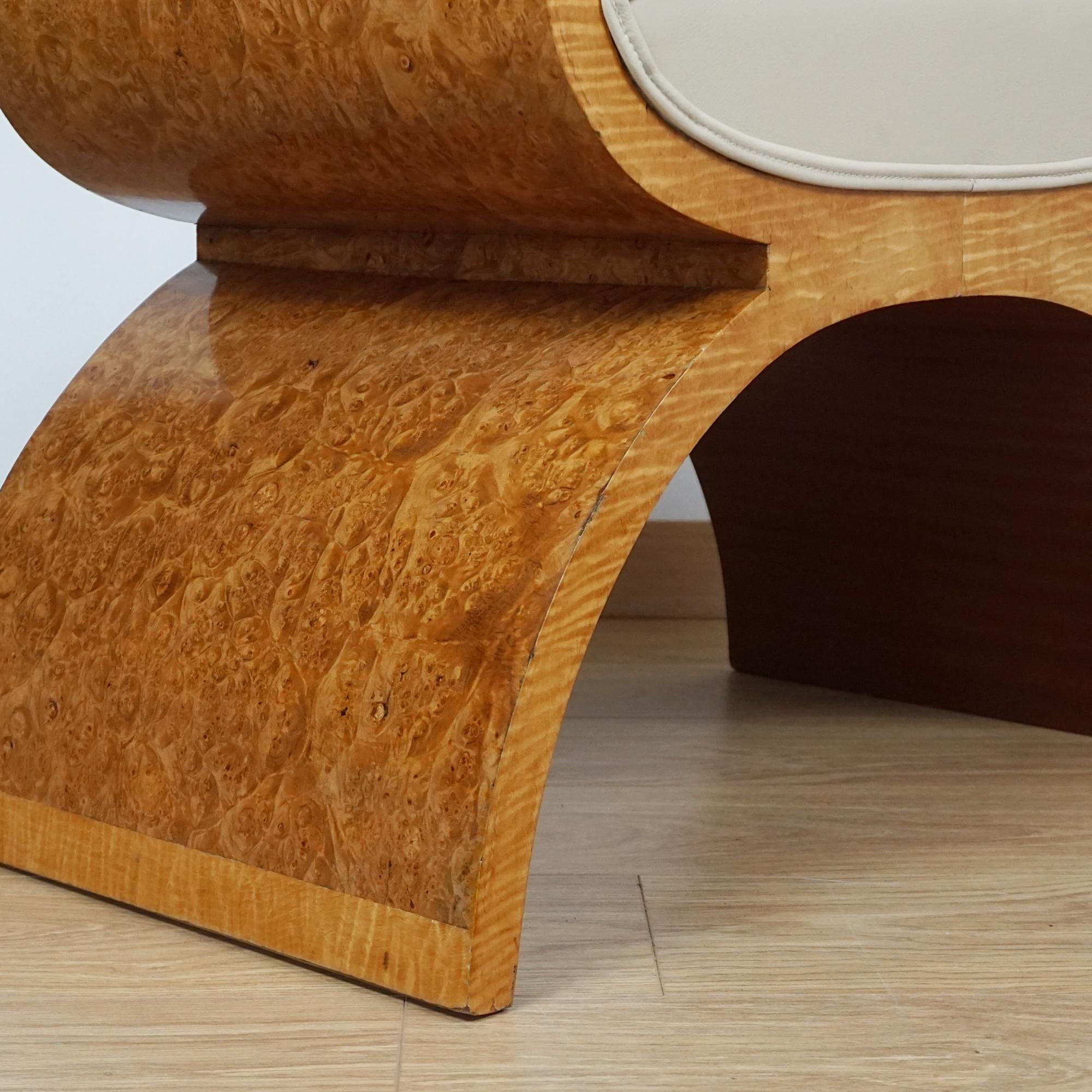 English An Art Deco X-Framed Burr Walnut and Cream Leather Stool For Sale