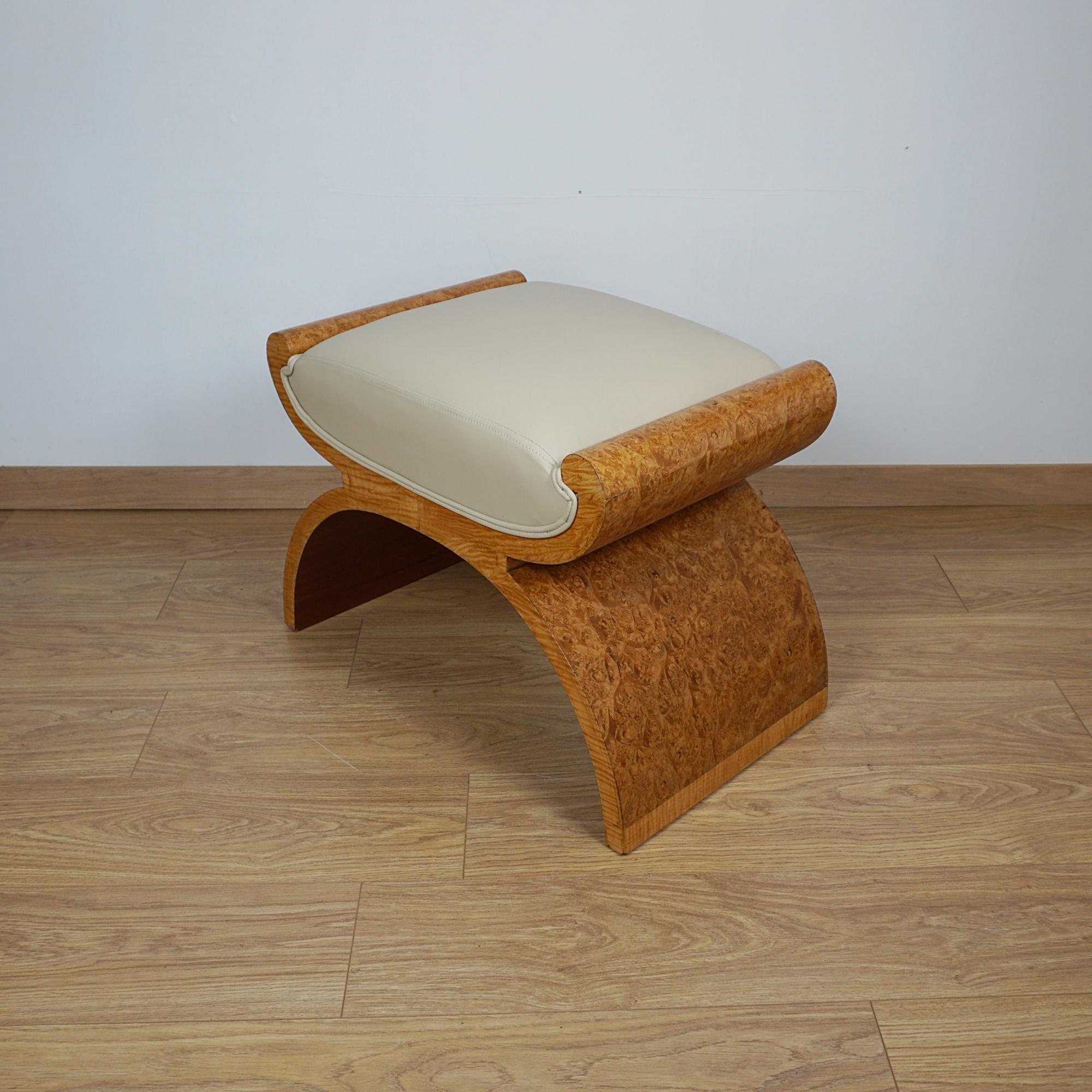 Early 20th Century An Art Deco X-Framed Burr Walnut and Cream Leather Stool For Sale