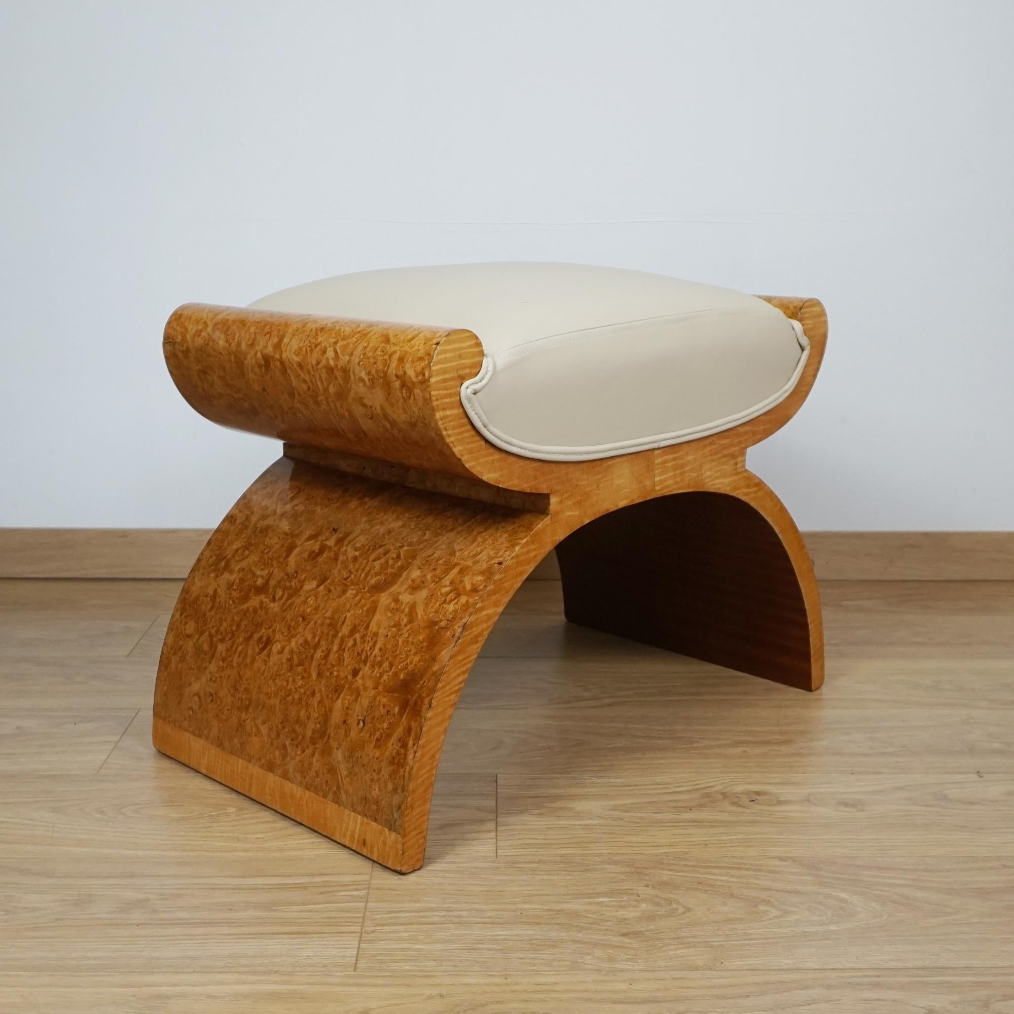An Art Deco X-Framed Burr Walnut and Cream Leather Stool For Sale 1