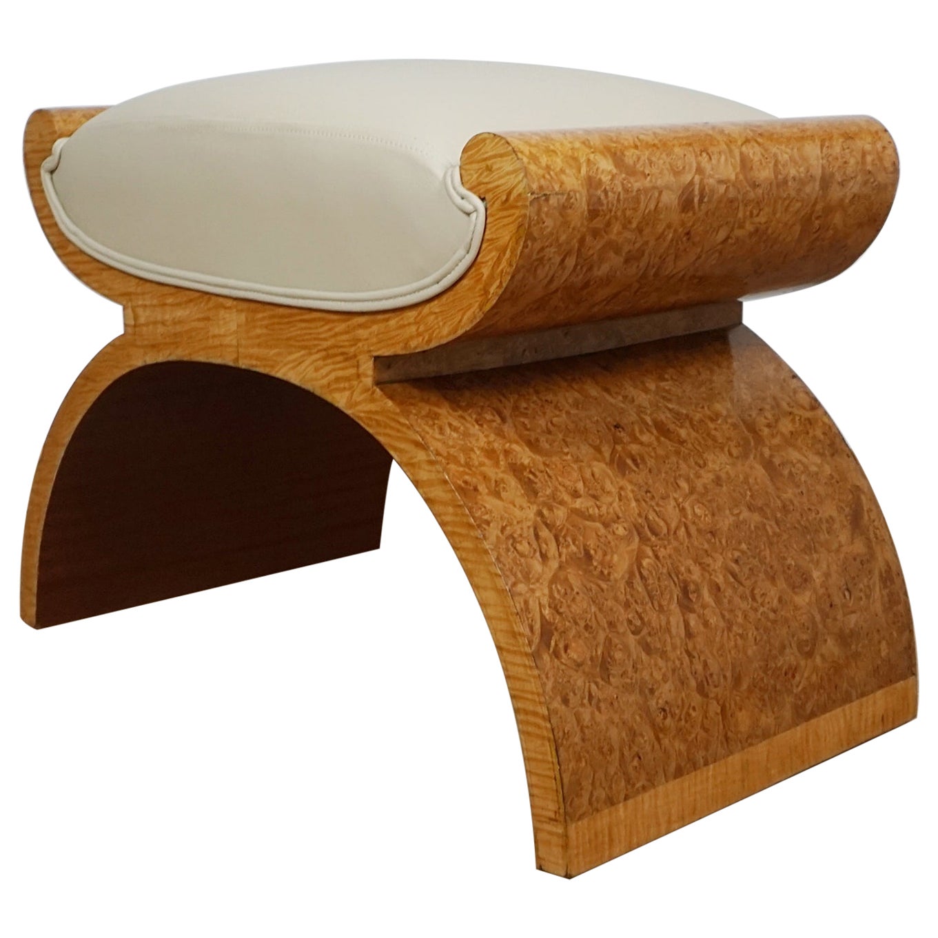 An Art Deco X-Framed Burr Walnut and Cream Leather Stool For Sale