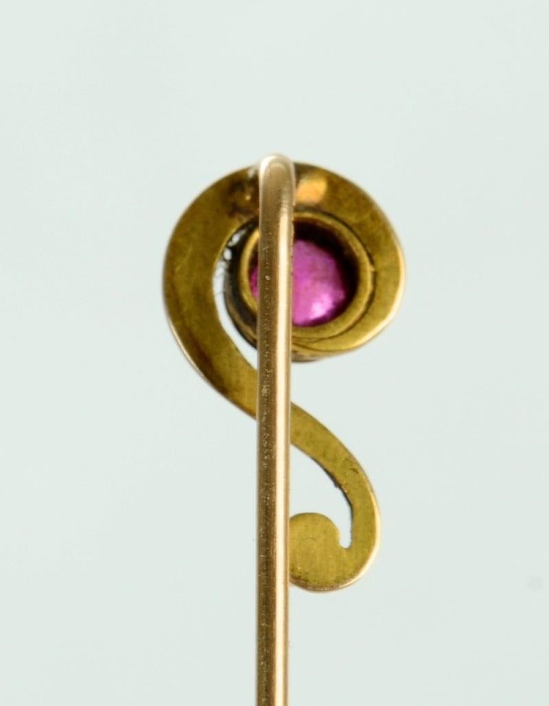 Round Cut An Art Nouveau 14 Karat Gold, Ruby and Seed Pearl Stick Pin