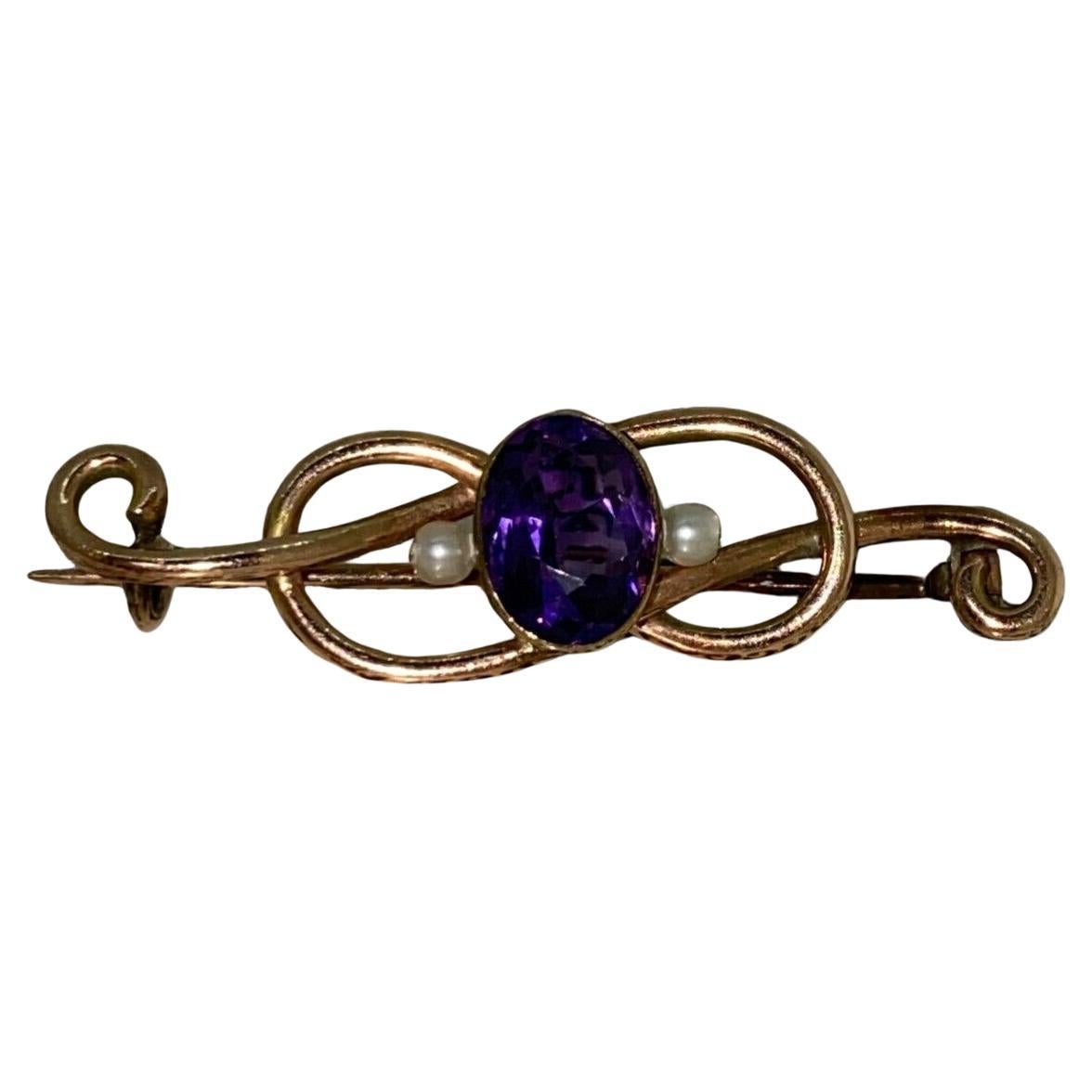 An Art Nouveau 15K /15ct Gold, Seed Pearl & 2.60ct Amethyst Brooch, c 1930's.