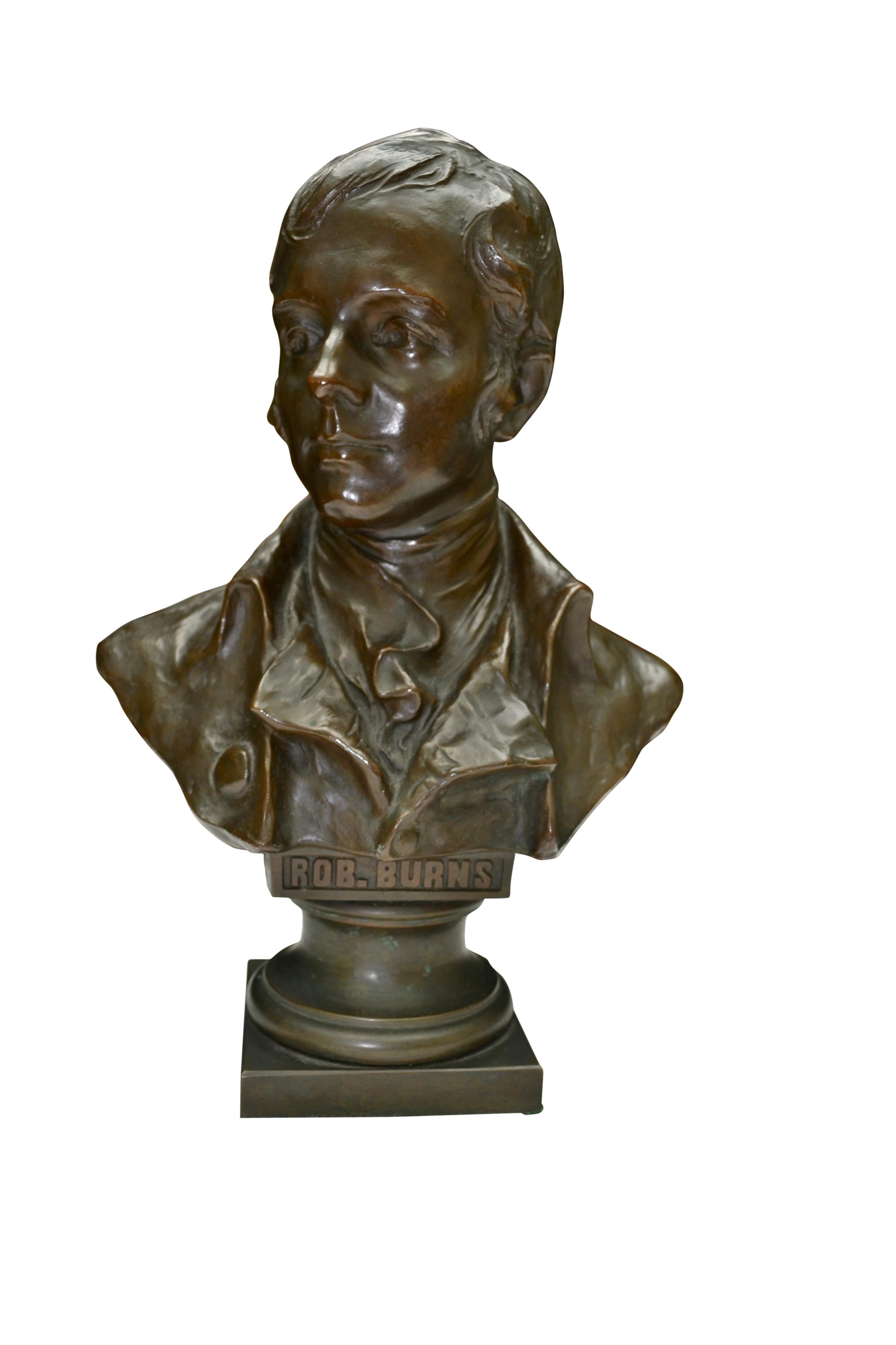 A small cast brown patinated bronze of Scottish National Poet Robert Burns in the Art Nouveau style showing his head, shoulders and waistcoat. Signed on the verso; H. Muller for Hans Muller; Rob. Burns inscribed at the base.

The sculptor Hans