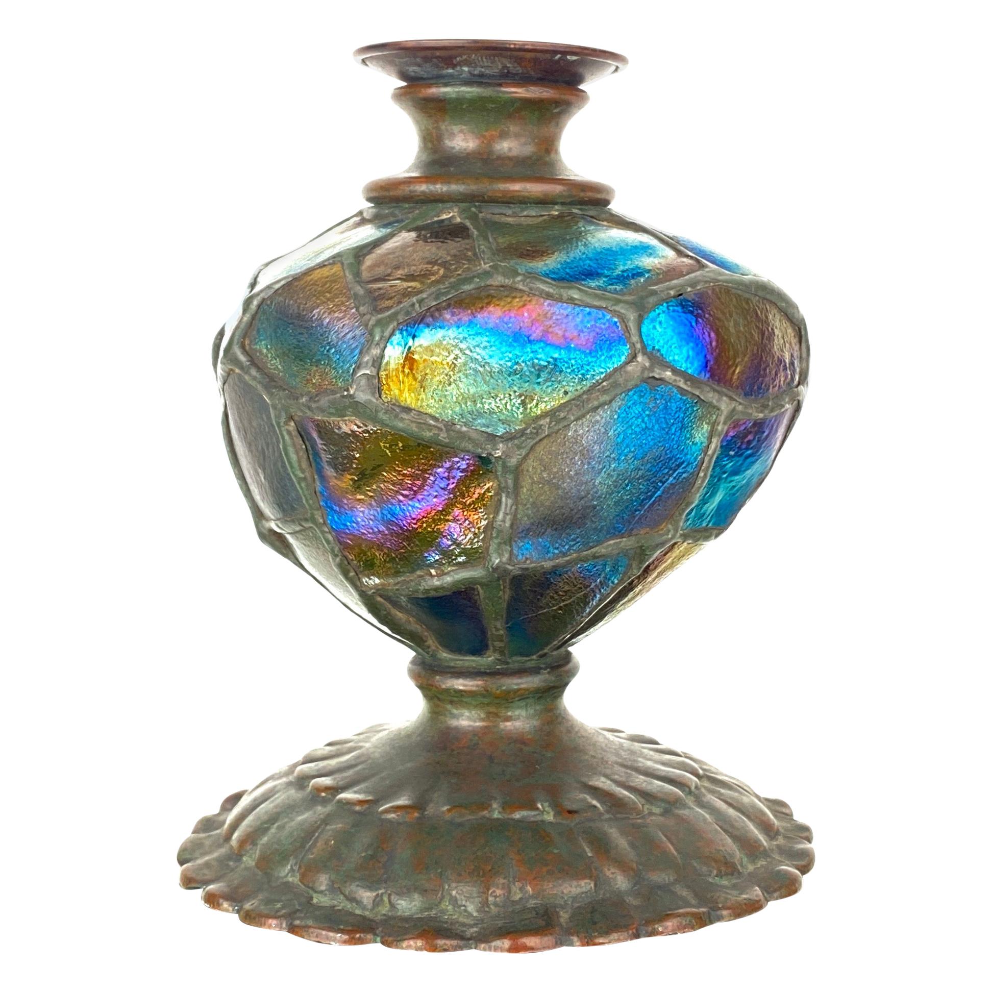 Art Nouveau Bronze and Glass "Turtleback Tile" Candlestick by, Tiffany Studios