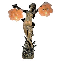 Art Nouveau Bronze Sculpture Table Lamp by Gustave Obiols, 'La Rosee'