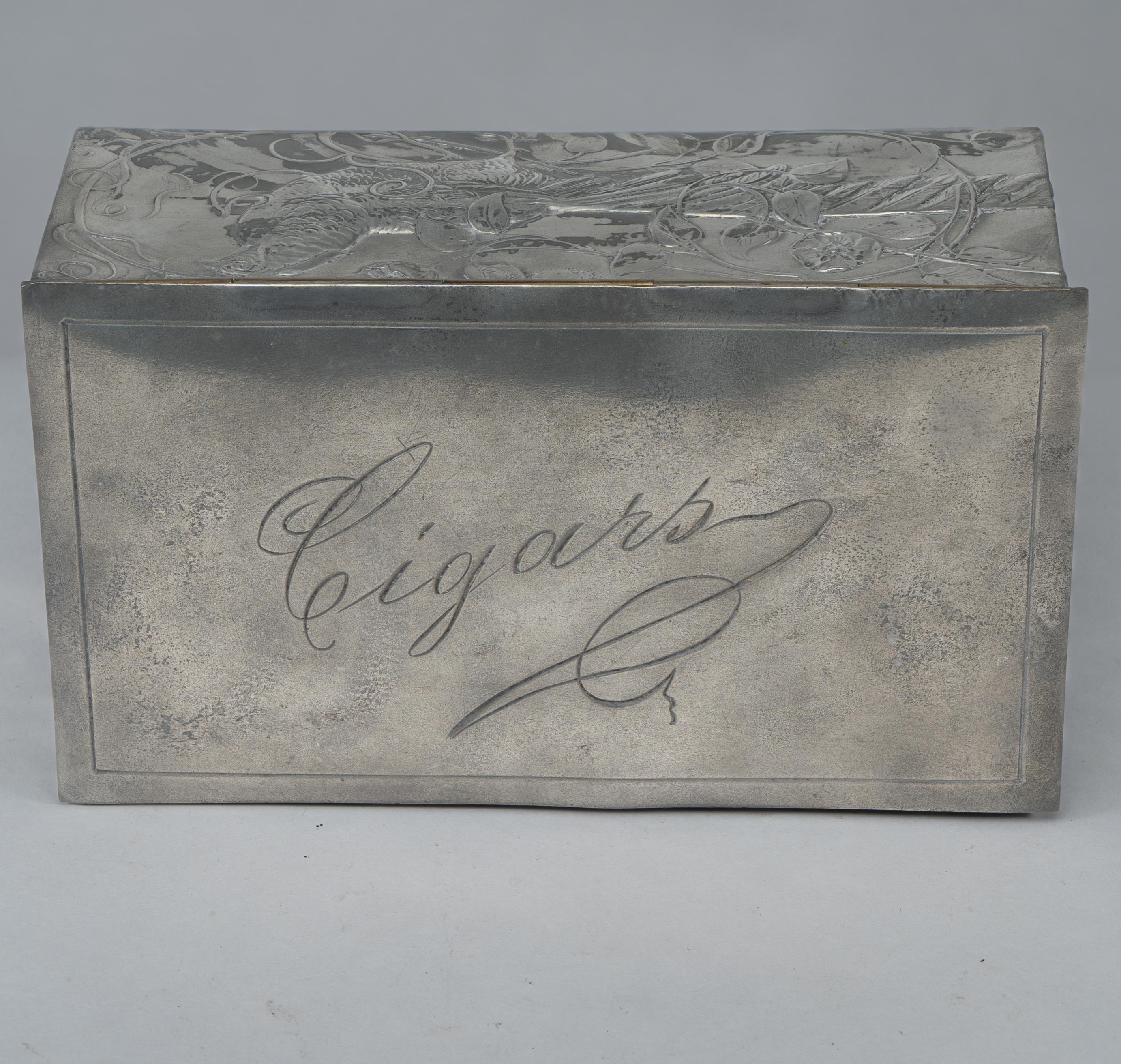 An Art Nouveau continental pewter cigar box w. cedar lining & decor of pheasant For Sale 3
