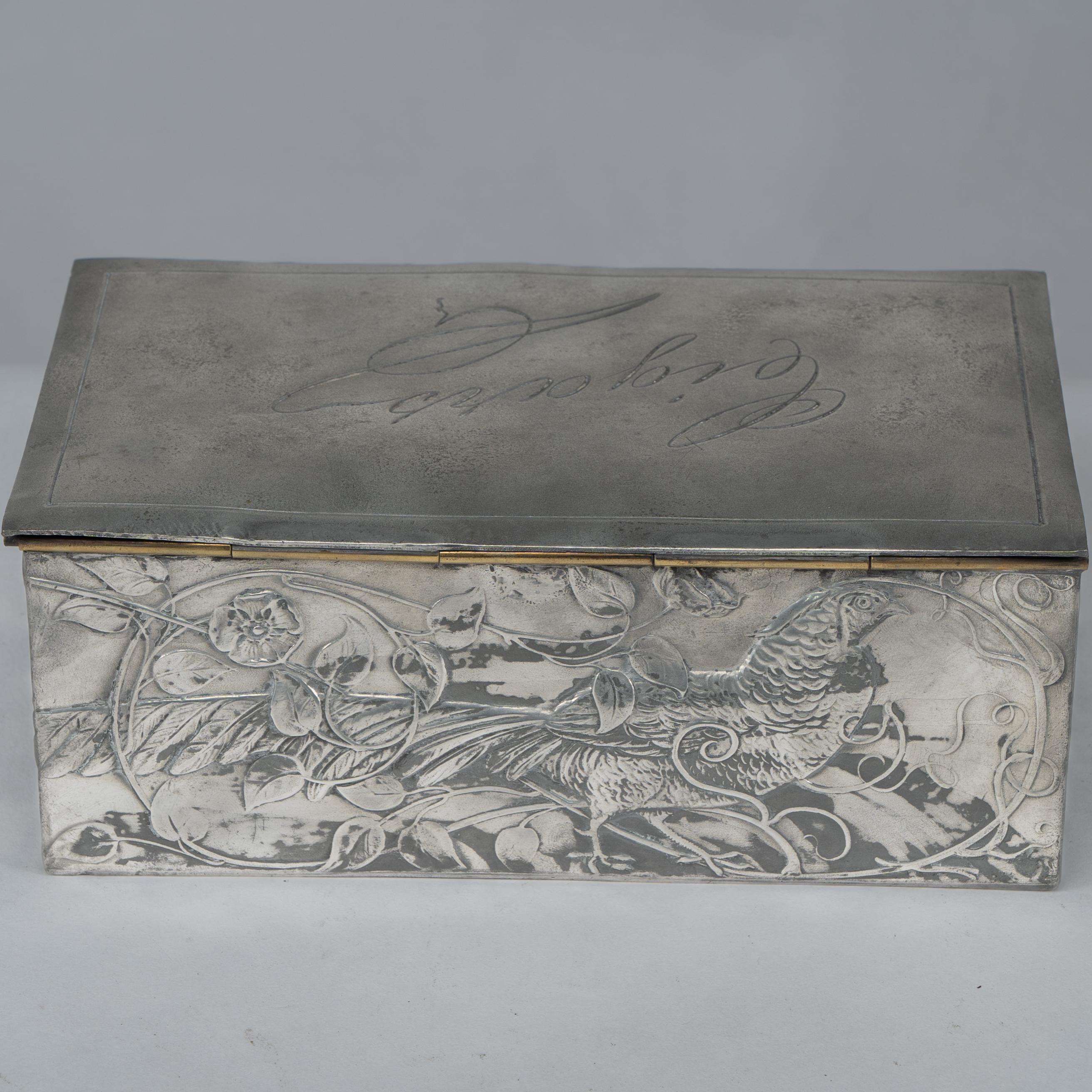 Early 20th Century An Art Nouveau continental pewter cigar box w. cedar lining & decor of pheasant For Sale