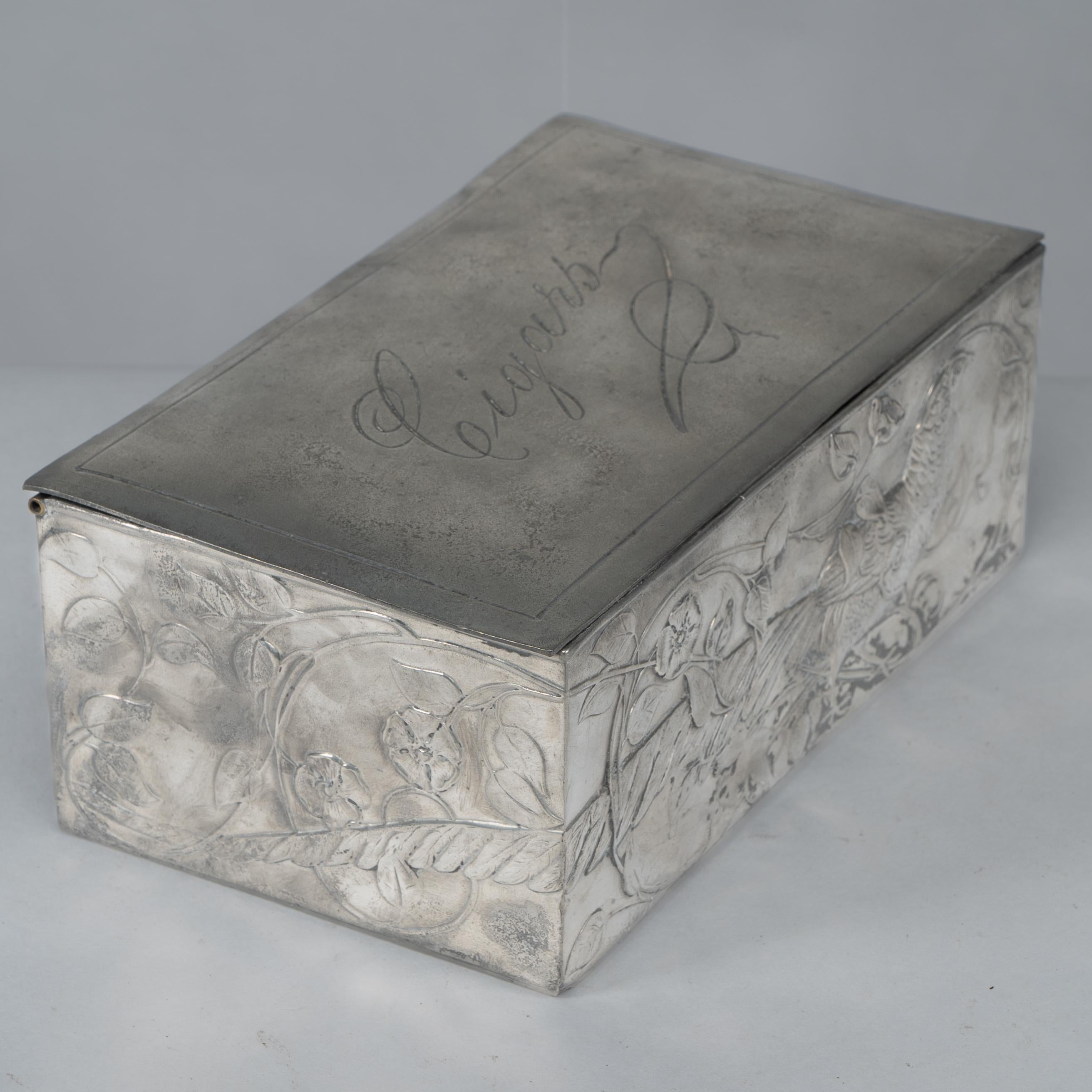 An Art Nouveau continental pewter cigar box w. cedar lining & decor of pheasant For Sale 2