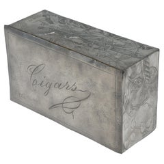 Antique An Art Nouveau continental pewter cigar box w. cedar lining & decor of pheasant