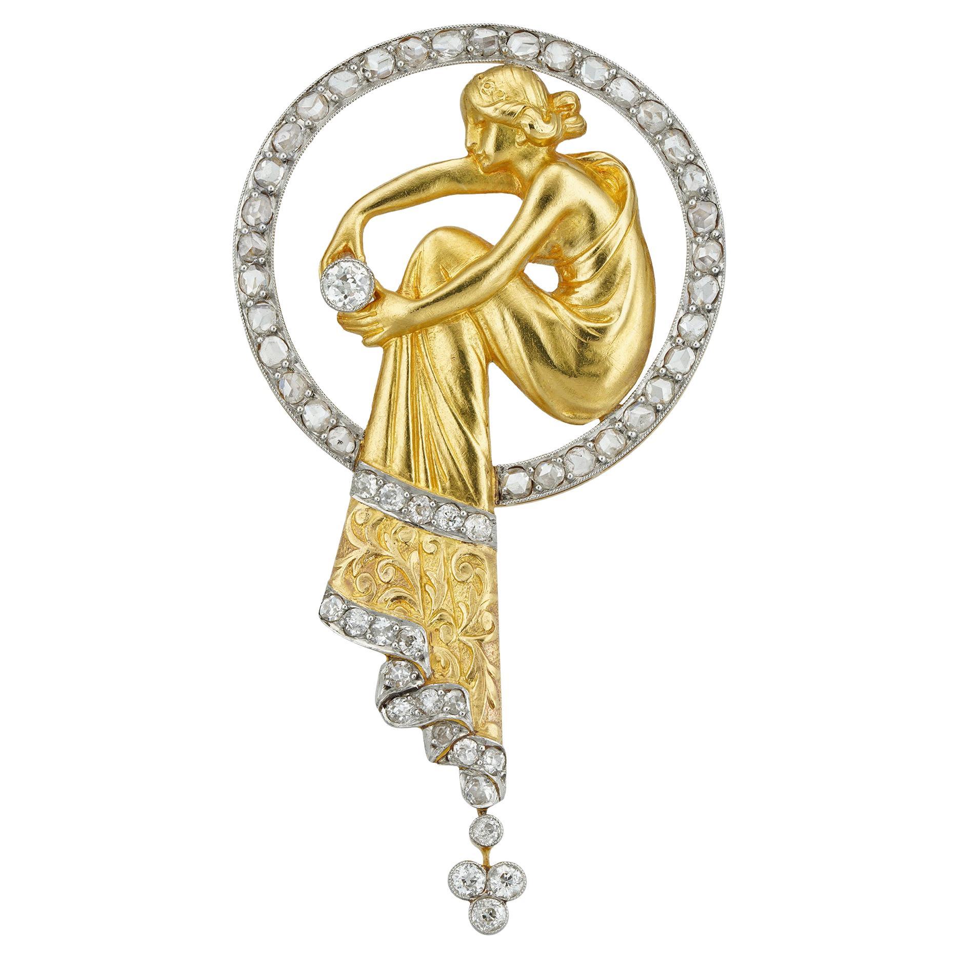 Art Nouveau Diamond, Platinum and Gold Broch For Sale