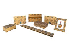 Art Nouveau Double XX Enameled & Bronze Pattern Desk Set by, Tiffany Studios