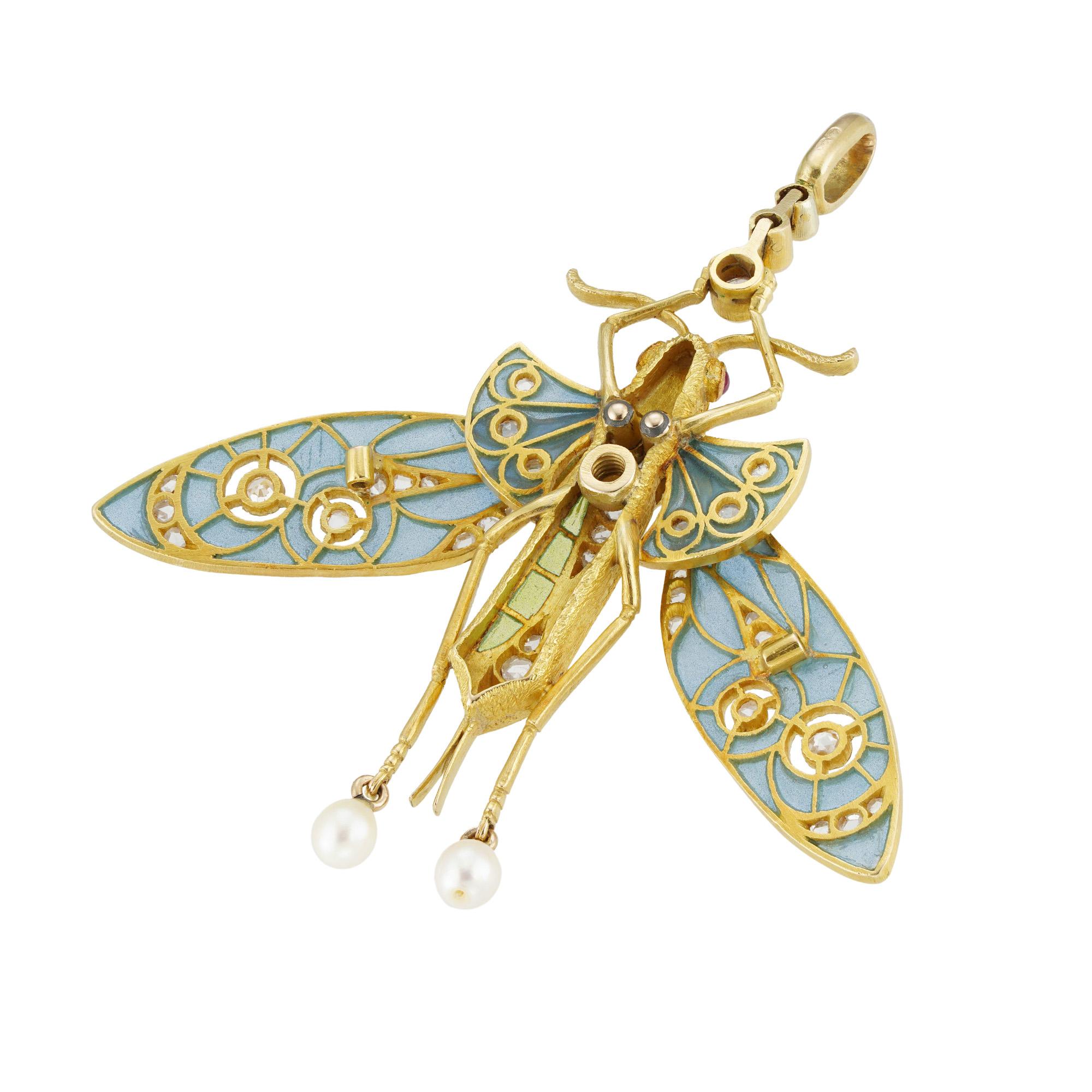 Women's or Men's An Art Nouveau Enamel And Diamond Dragonfly Pendant For Sale
