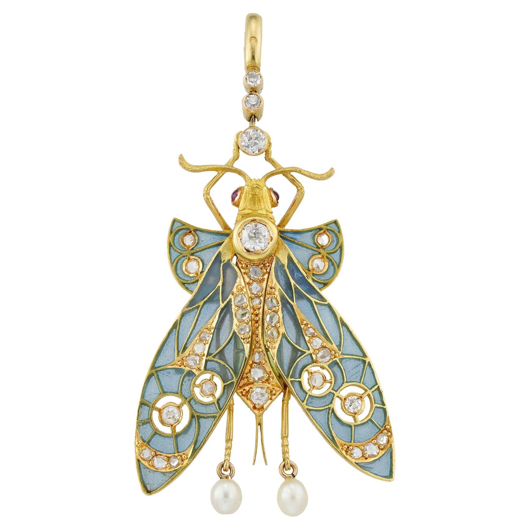 An Art Nouveau Enamel And Diamond Dragonfly Pendant