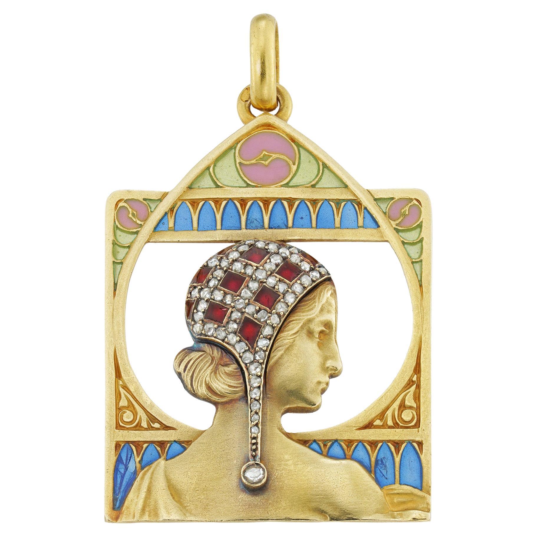 An Art Nouveau Enamel, Diamond And Gold Pendant By Masriera For Sale