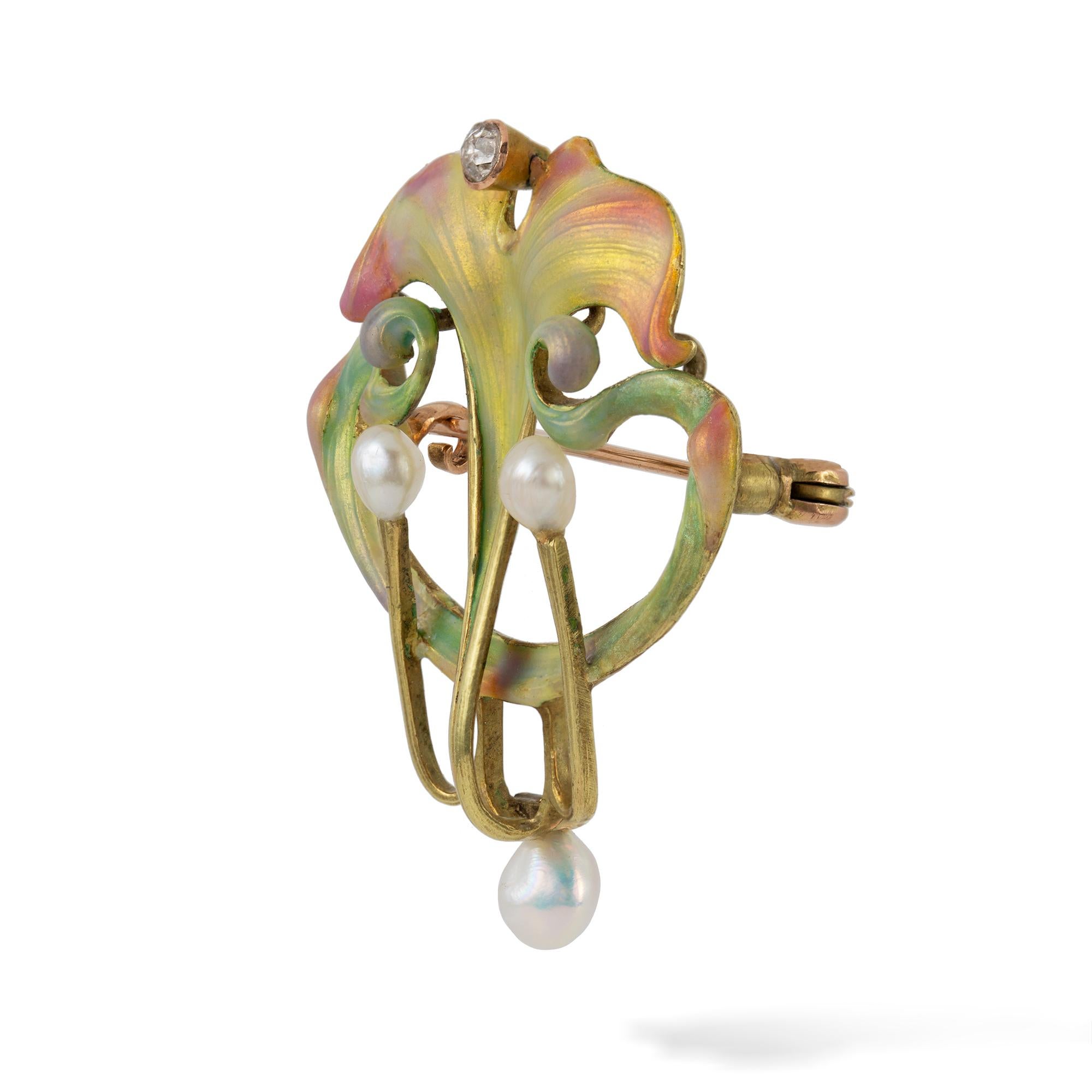 An Art Nouveau enamel, pearl and diamond brooch, with opalescent shaded enamel sinuous curling leaves in pale pink, green and gold, set on the top with an old-cut diamond  estimated to weigh 0.15 carats and flanked with three natural freshwater