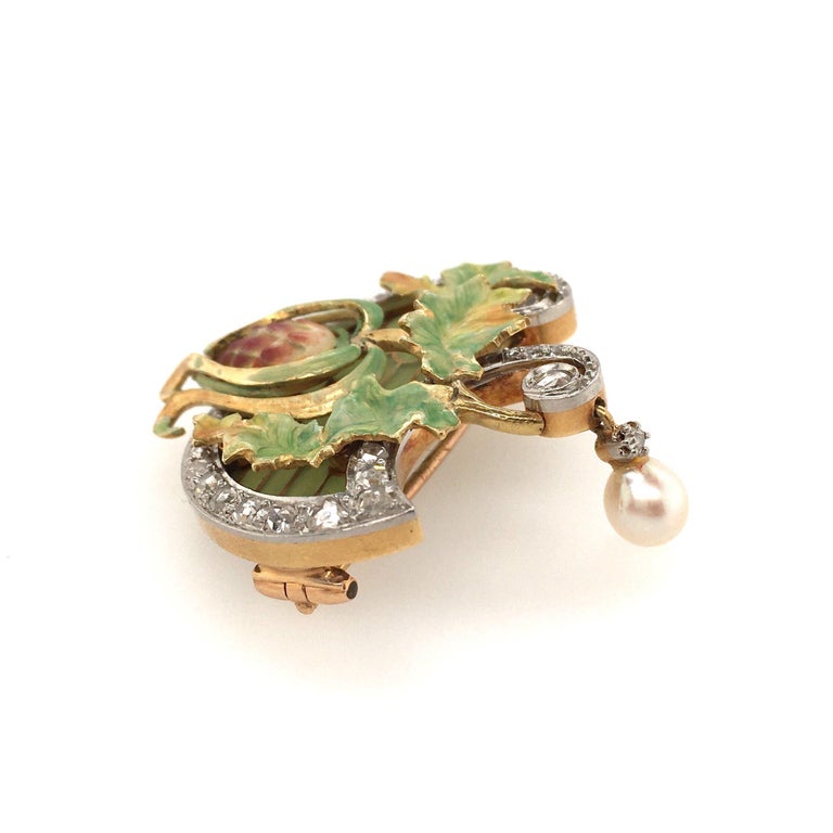 Art Nouveau Gold, Enamel and Pearl Brooch For Sale at 1stDibs
