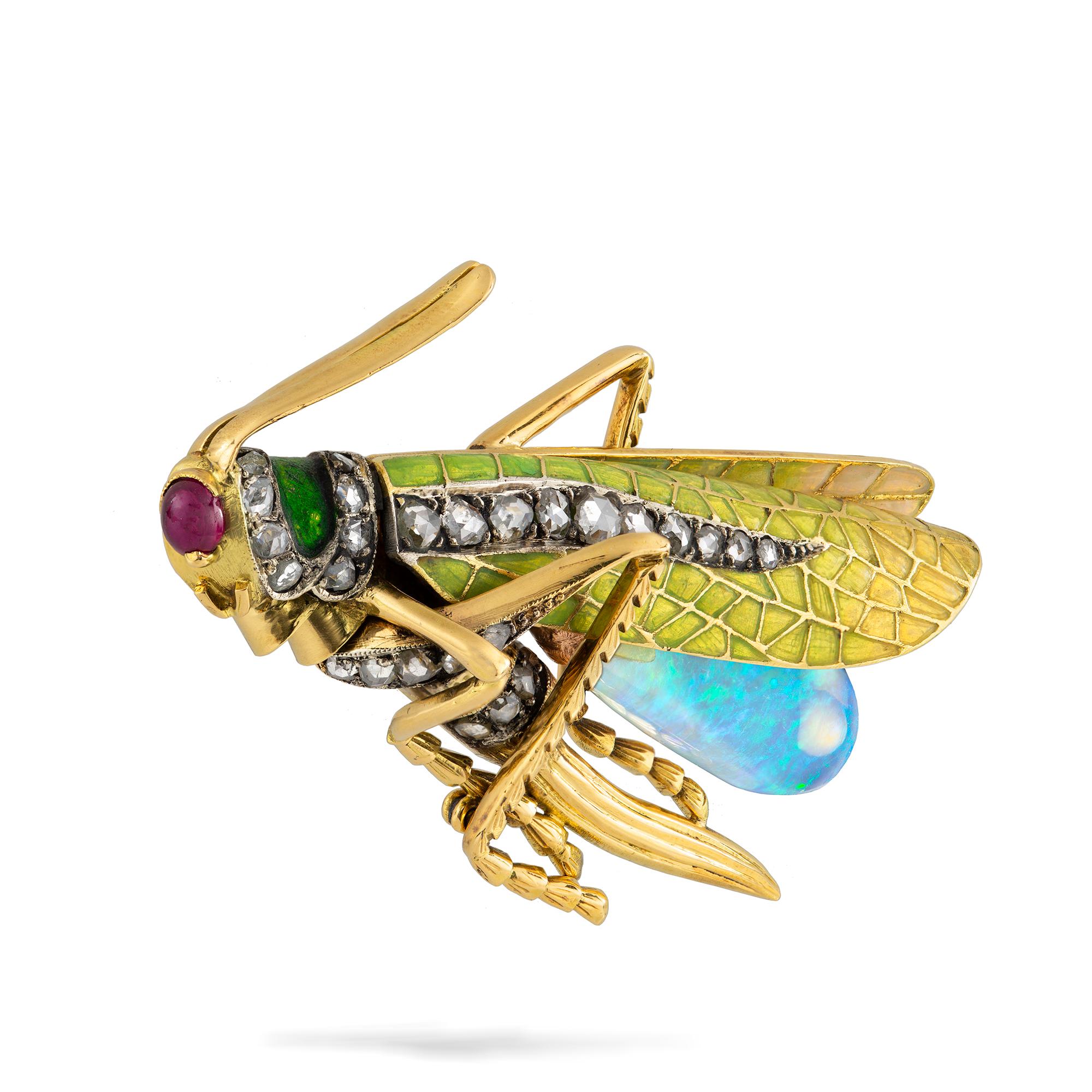 An Art Nouveau grasshopper brooch, the realistically carved insect with a cabochon ruby-set eye, the wings in shaded green opalescent champlevé enamel encrusted with rose-cut diamonds, the tergum consisted of a pear-shaped cabochon opal and the