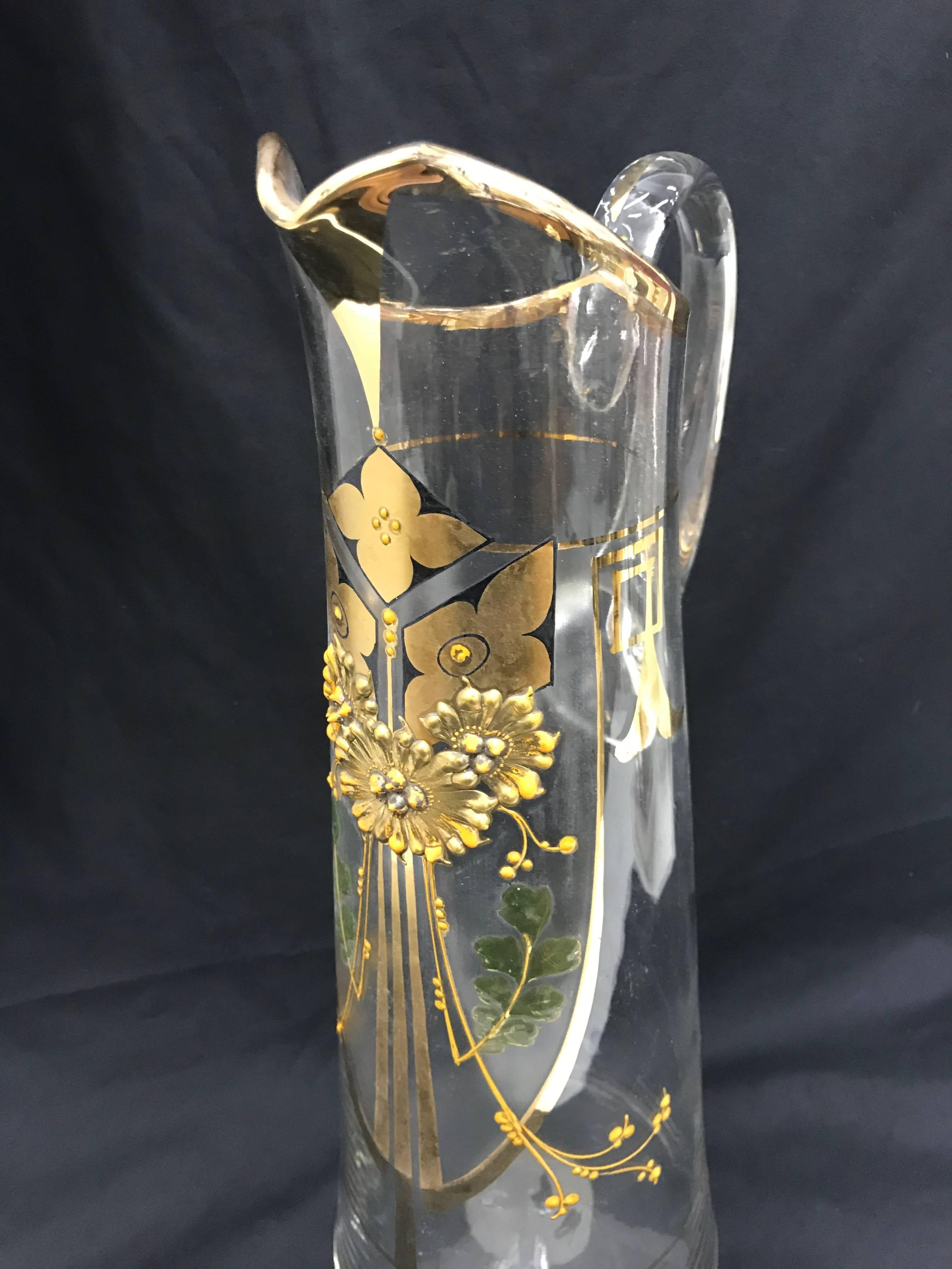 Hand-Painted Art Nouveau Hand Painted Glass Italian Jug, circa 1900