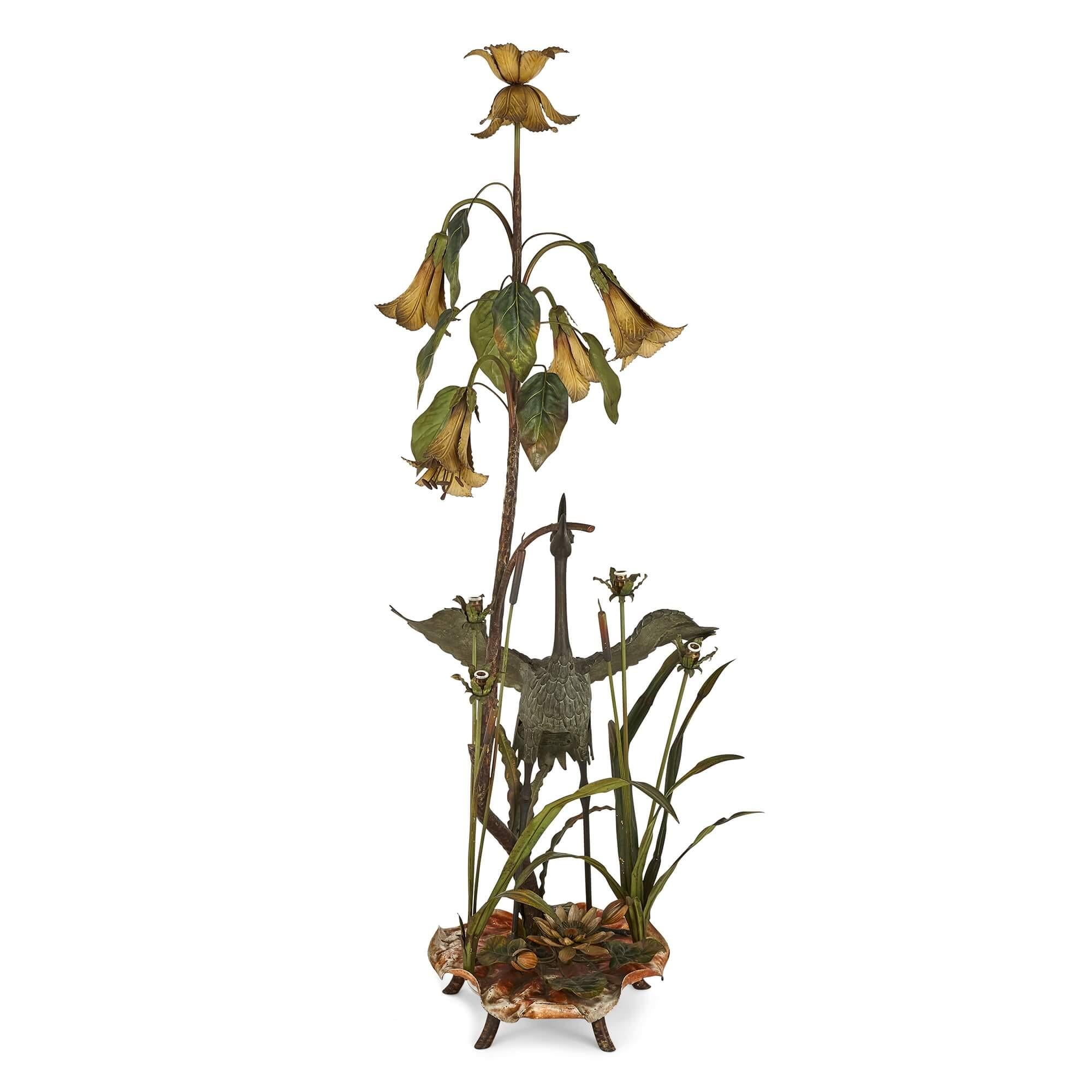 Bronze Lampadaire Heron Art Nouveau Japonisme en bronze en vente