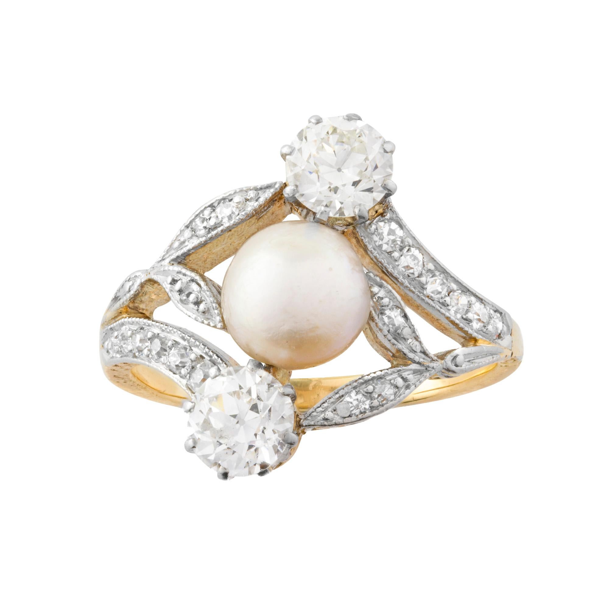 Brilliant Cut Art Nouveau Natural Pearl and Diamond Ring For Sale