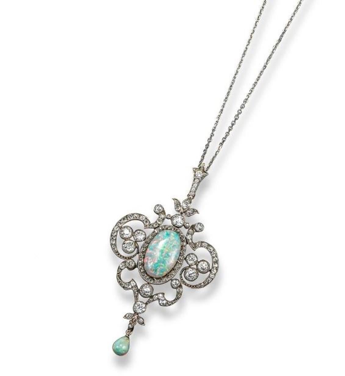 Cabochon Art Nouveau Opal and Diamond Pendant For Sale