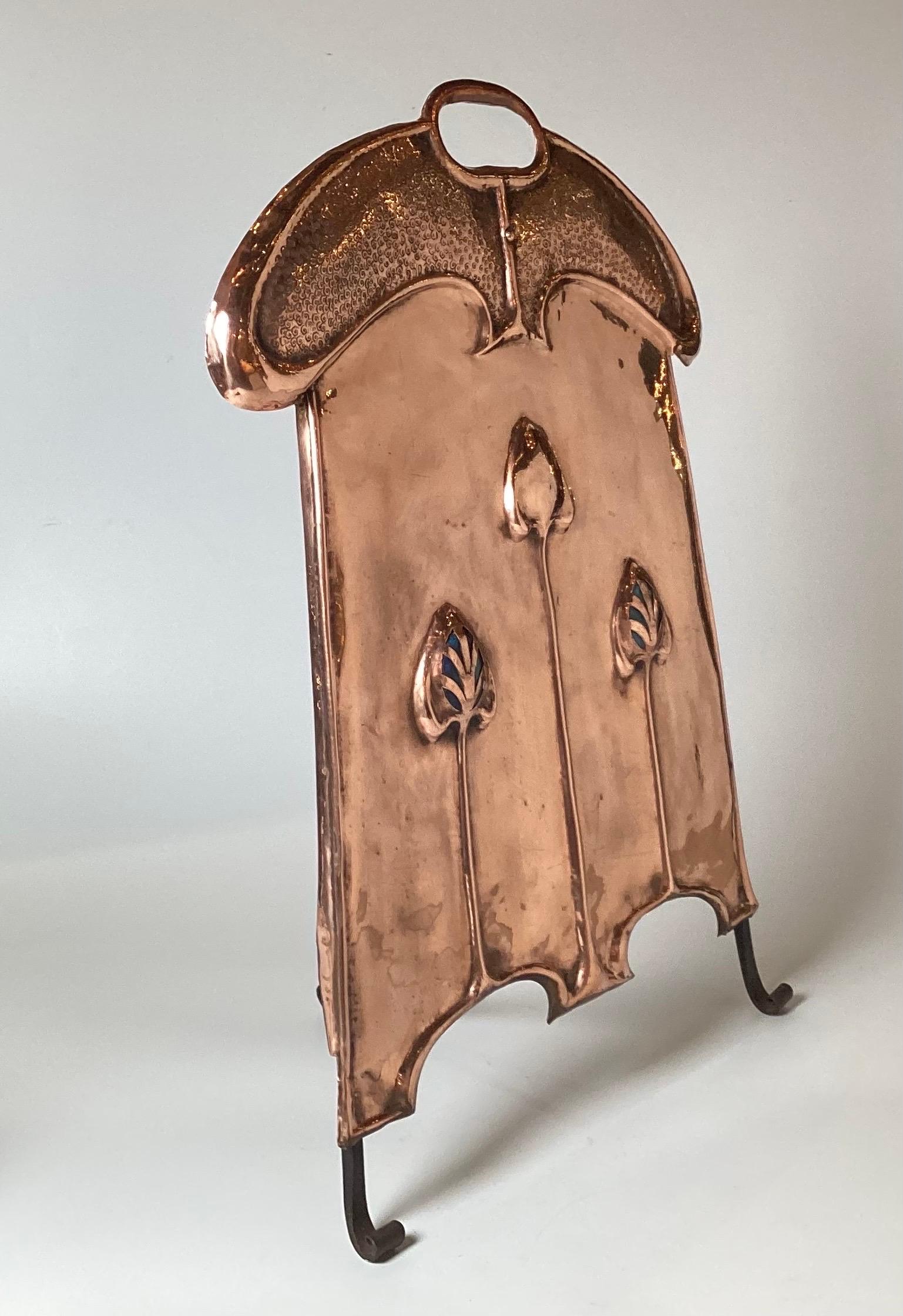 An Art Nouveau Polished Copper Fire Screen with Glass Inserts 2