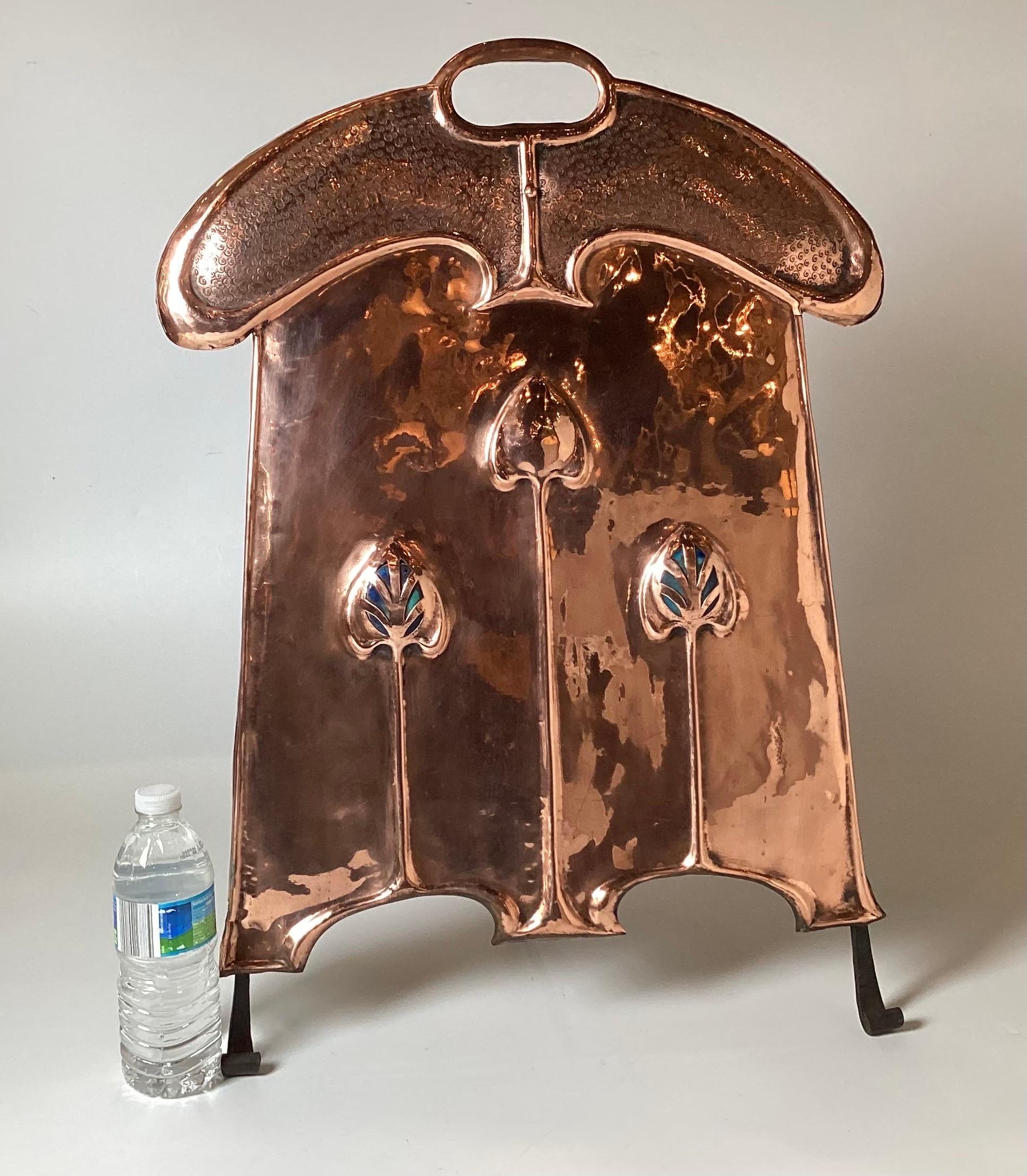 An Art Nouveau Polished Copper Fire Screen with Glass Inserts 4