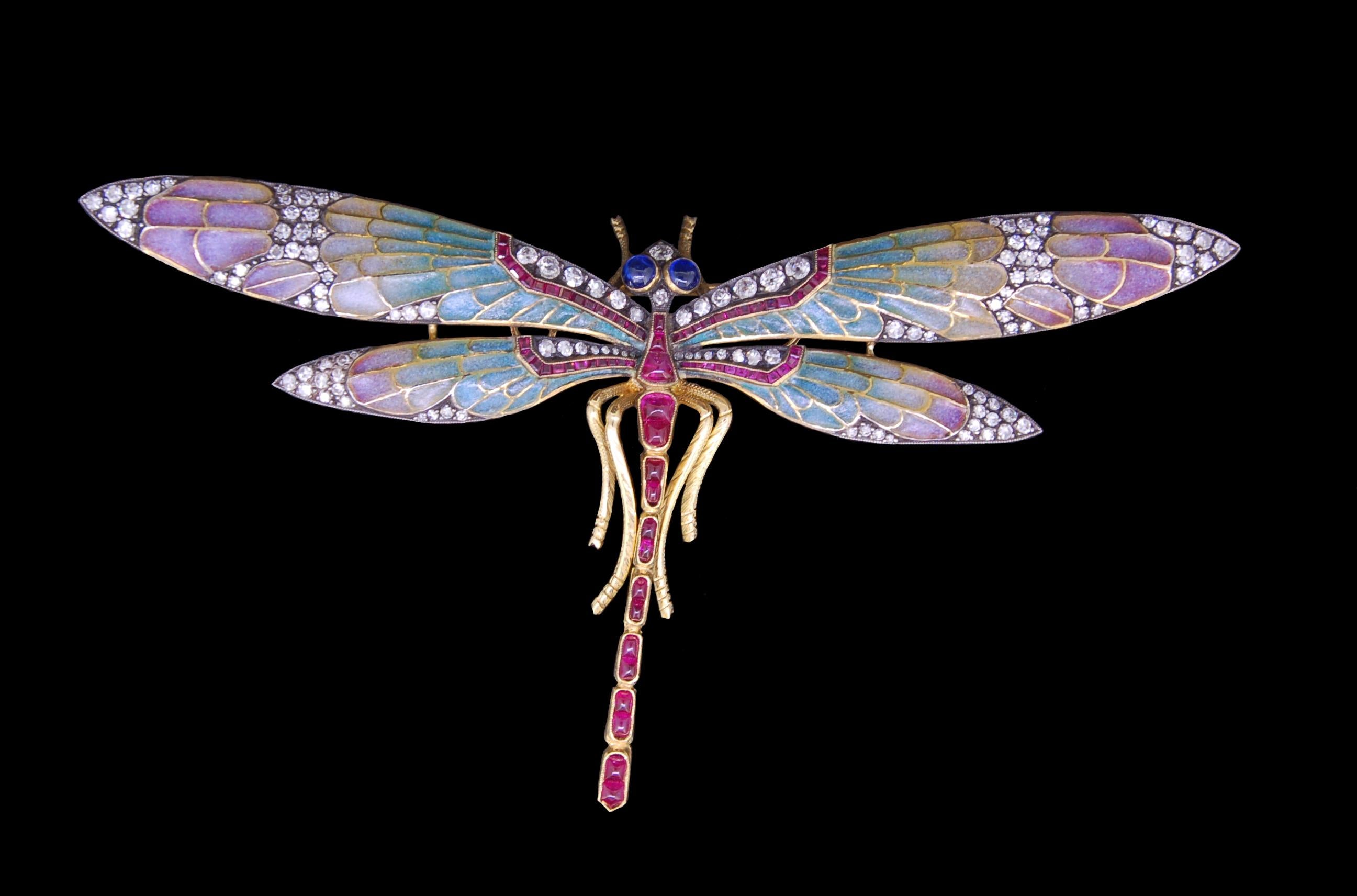AN ART-NOUVEAU RUBY, SAPPHIRE, DIAMOND AND PLIQUE-A-JOUR ENAMEL DRAGONFLY BROOCH in 18ct yellow gold, the body jewelled with old cut diamonds, calibre cut rubies and cabochon rubies, with cabochon sapphire eyes and plique-a-jour wings further