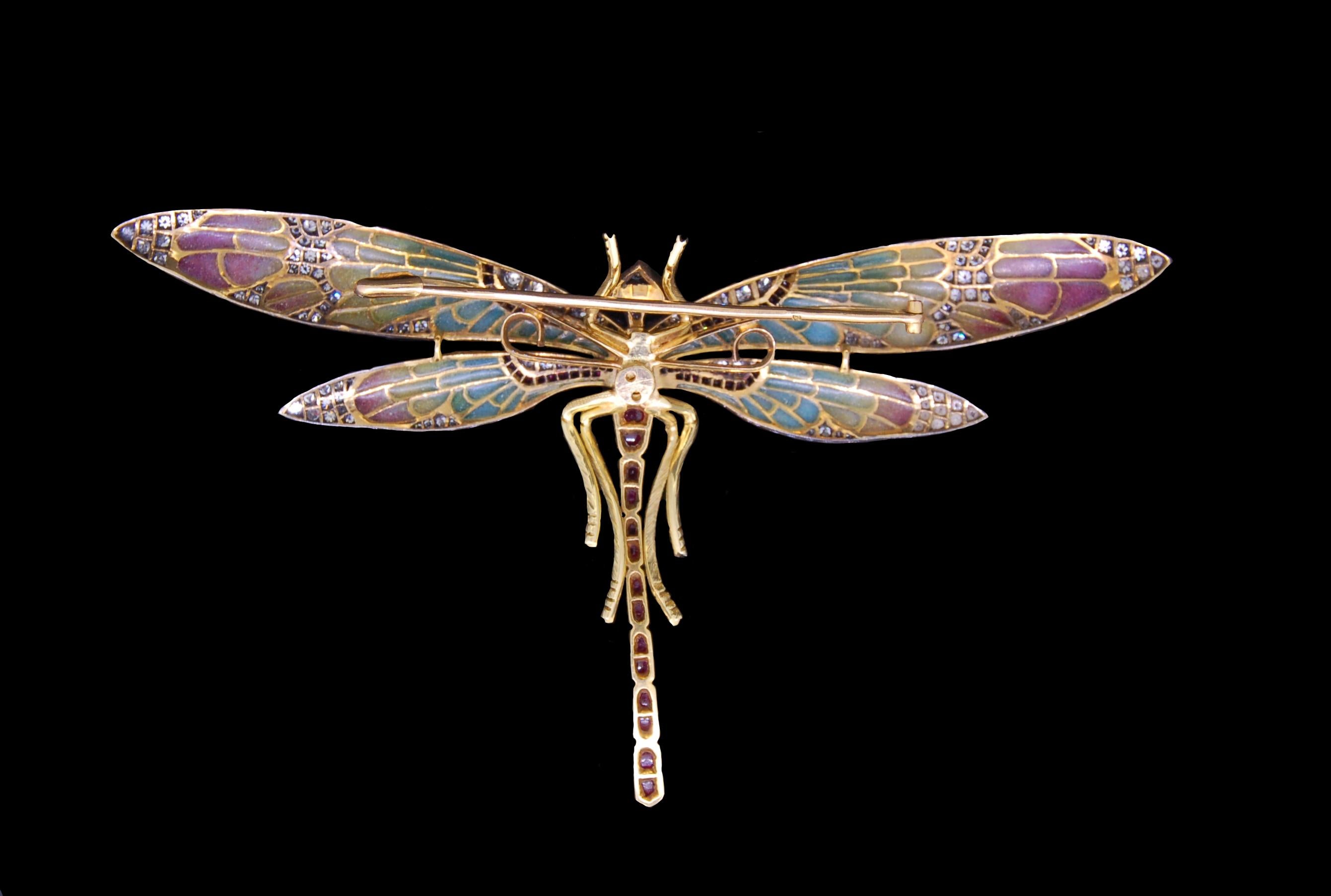 Old European Cut Art Nouveau, Sapphire, Diamond and Plique-a-Jour Enamel Dragonfly Brooch For Sale
