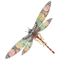 Antique Art Nouveau, Sapphire, Diamond and Plique-a-Jour Enamel Dragonfly Brooch