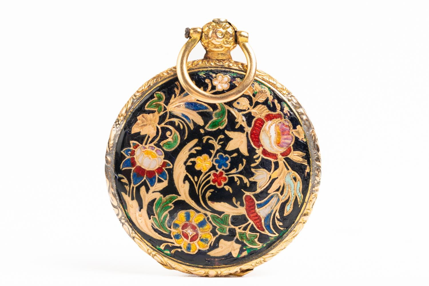 Extraordinary Antique Art Nouveau silver gilt, black and gold enamel floral locket attributed to the world famous Swiss watchmaker- Abraham Vacheron. We believe the piece was a pocket watch previously and converted to a locket later. 

This