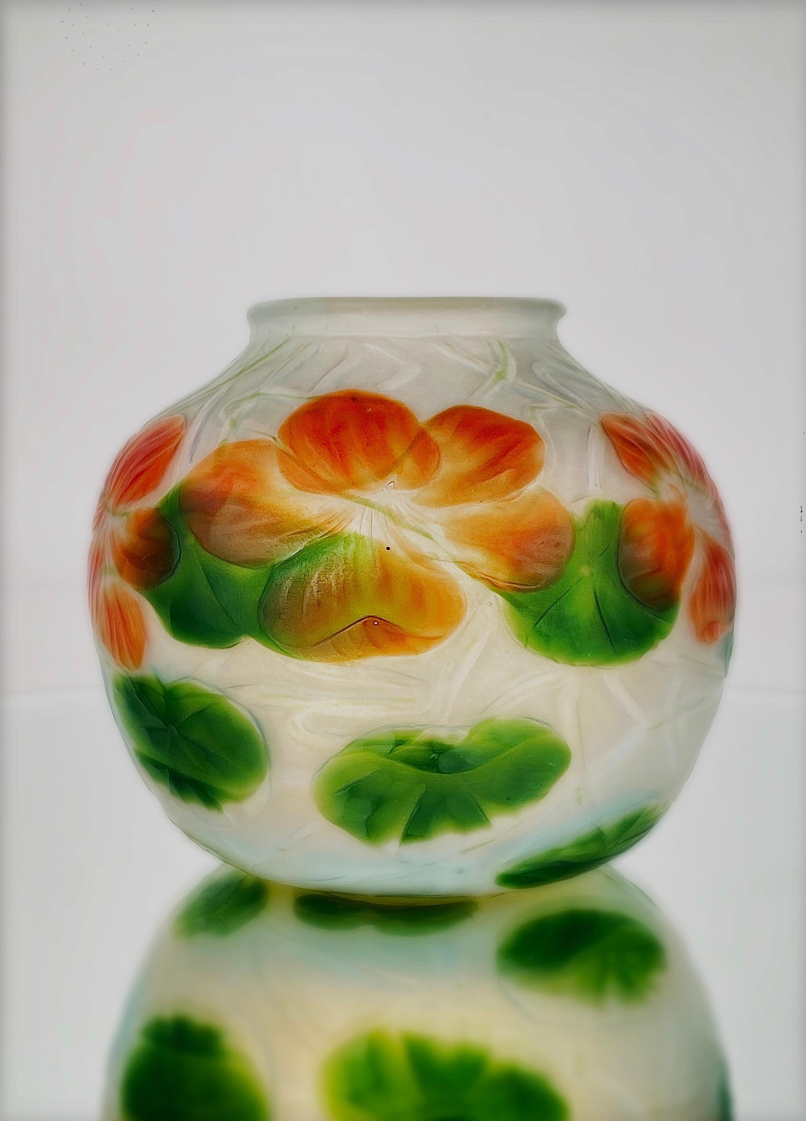 American Art Nouveau Tiffany Favrile Wheel-Carved Nasturtium Vase by, Tiffany Studios